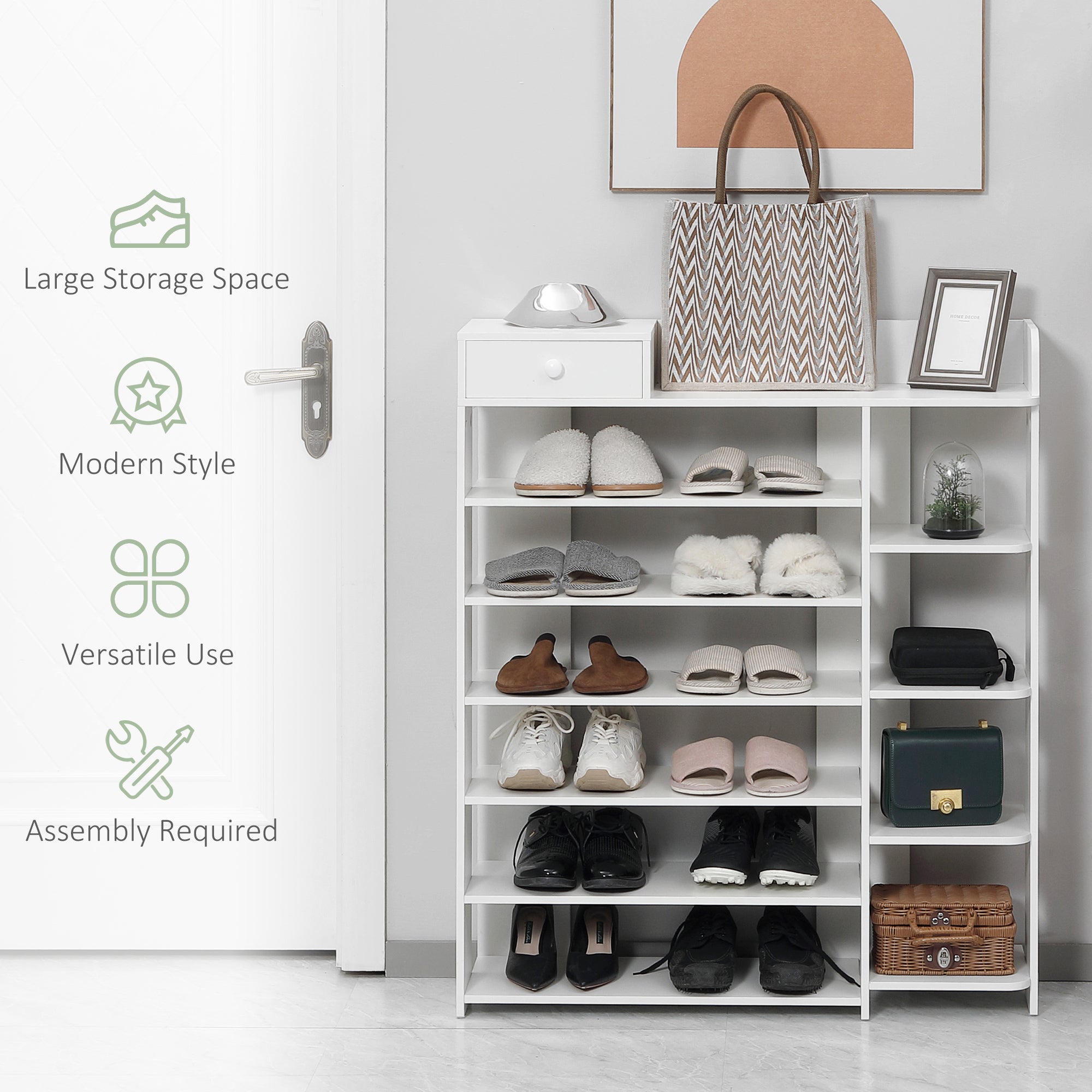 HOMCOM 7-Tier Shoe Rack, Narrow Shoe Storage Organizer with Drawer and 10 Open Shelves for 22 Pairs of Shoes, Space Saving Shoe Shelf for Entryway, Hallway, White