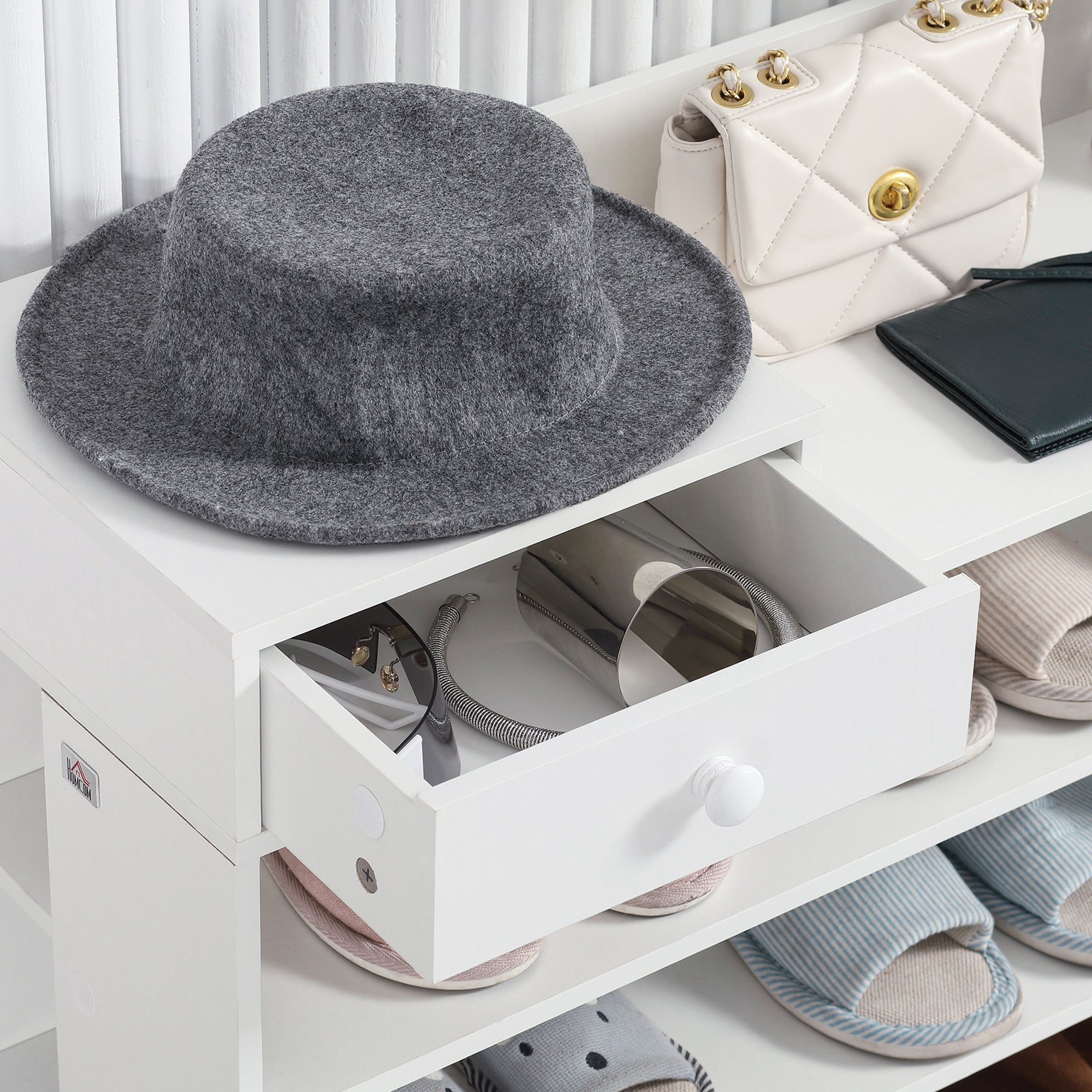 HOMCOM 7-Tier Shoe Rack, Narrow Shoe Storage Organizer with Drawer and 10 Open Shelves for 22 Pairs of Shoes, Space Saving Shoe Shelf for Entryway, Hallway, White