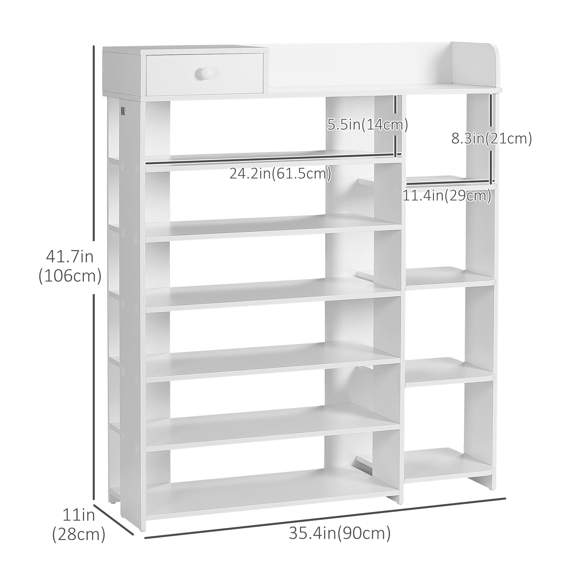 HOMCOM 7-Tier Shoe Rack, Narrow Shoe Storage Organizer with Drawer and 10 Open Shelves for 22 Pairs of Shoes, Space Saving Shoe Shelf for Entryway, Hallway, White