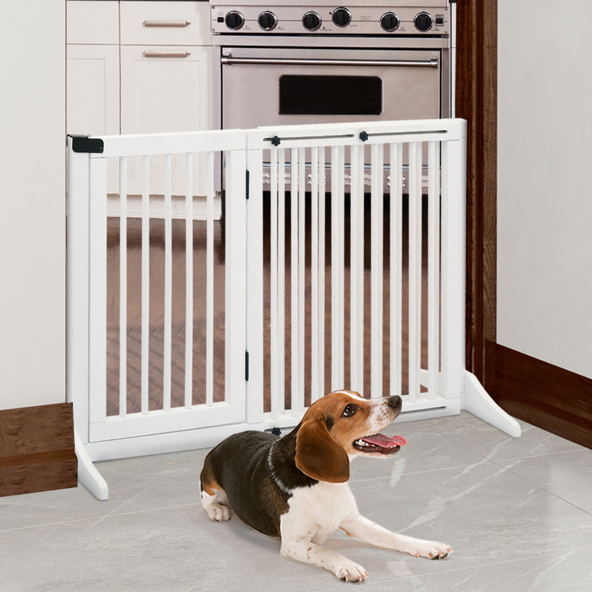 PawHut Wooden Dog Gate, Dog Fence Indoor, Freestanding Dog Barrier, Adjustable Lockable Fence with 3 Panels, 71H x 113-166W cm, White