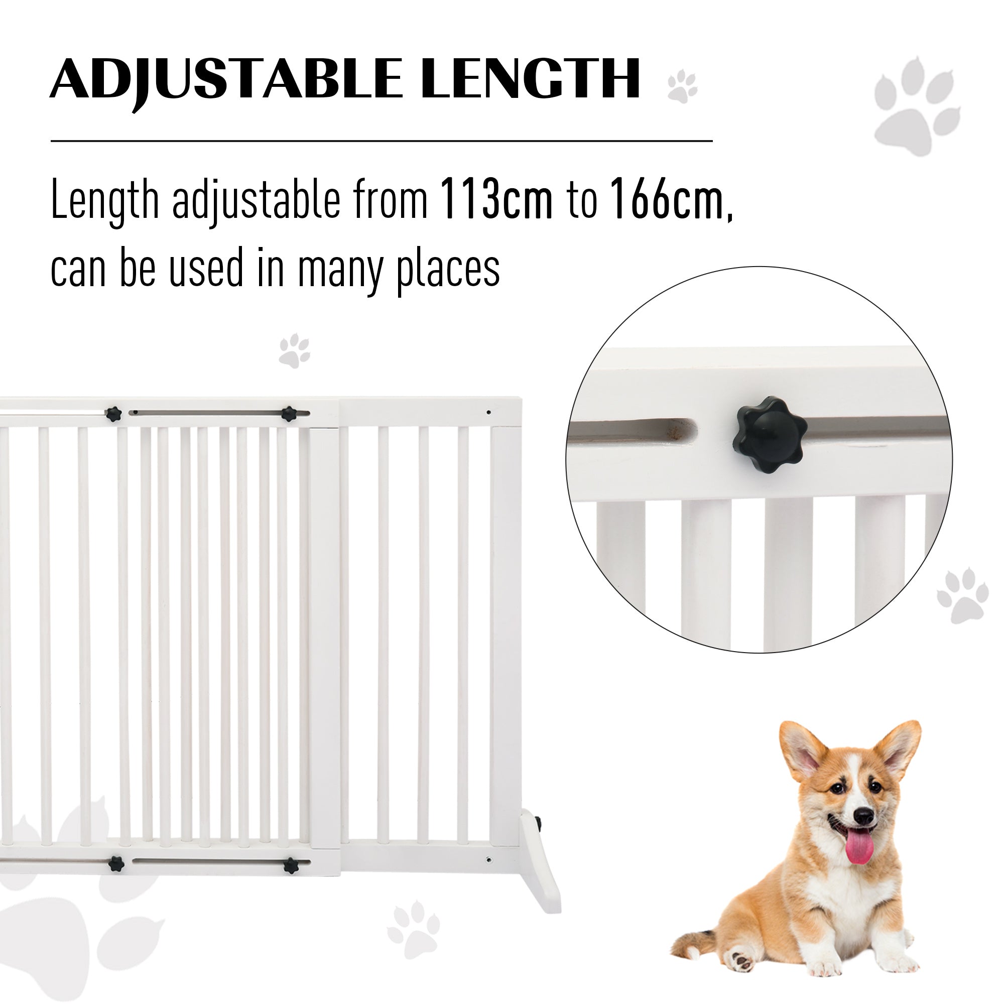 PawHut Wooden Dog Gate, Dog Fence Indoor, Freestanding Dog Barrier, Adjustable Lockable Fence with 3 Panels, 71H x 113-166W cm, White