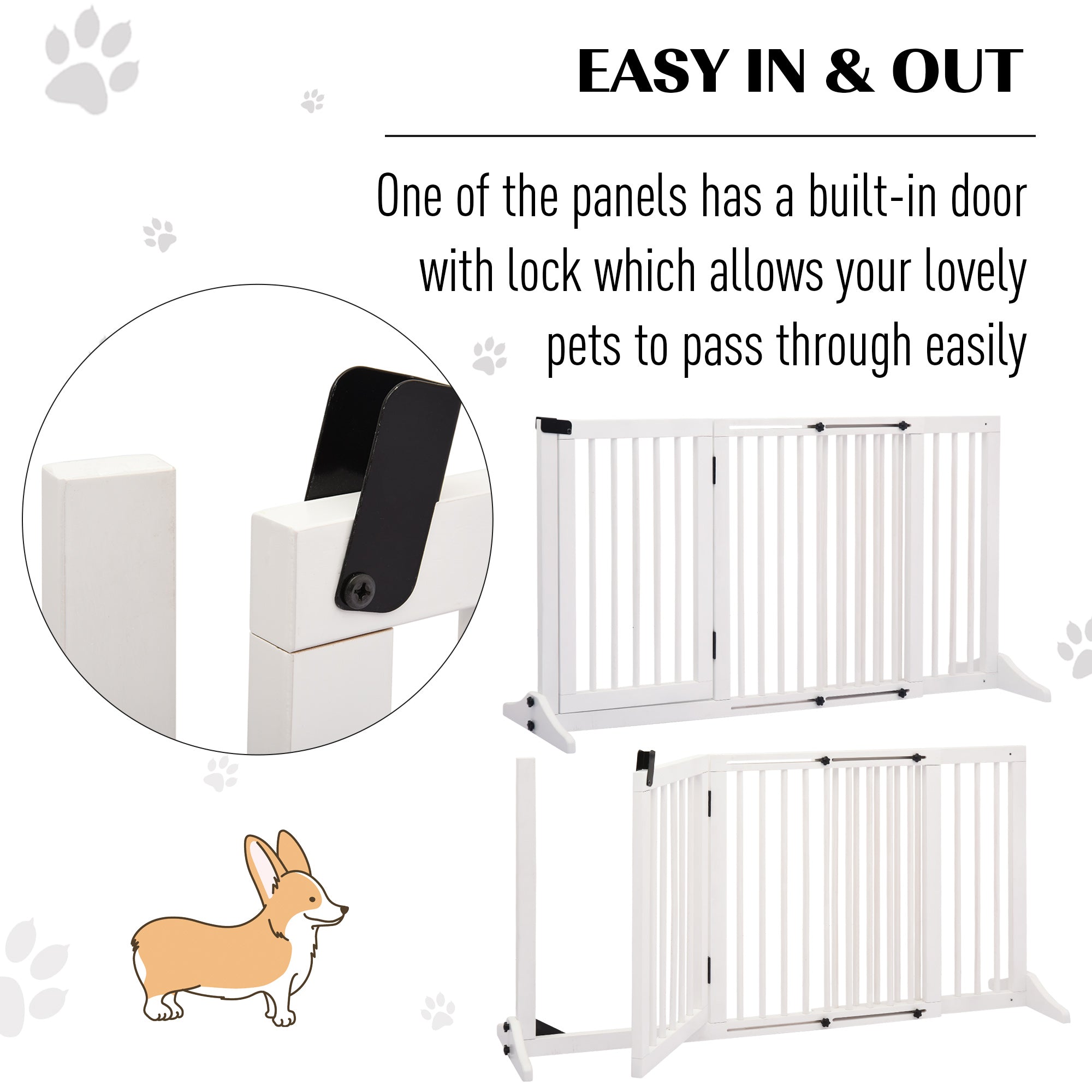 PawHut Wooden Dog Gate, Dog Fence Indoor, Freestanding Dog Barrier, Adjustable Lockable Fence with 3 Panels, 71H x 113-166W cm, White