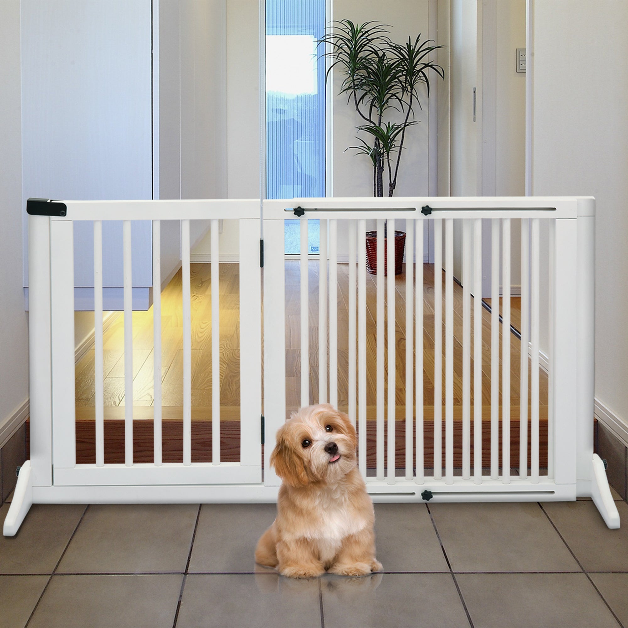 PawHut Wooden Dog Gate, Dog Fence Indoor, Freestanding Dog Barrier, Adjustable Lockable Fence with 3 Panels, 71H x 113-166W cm, White