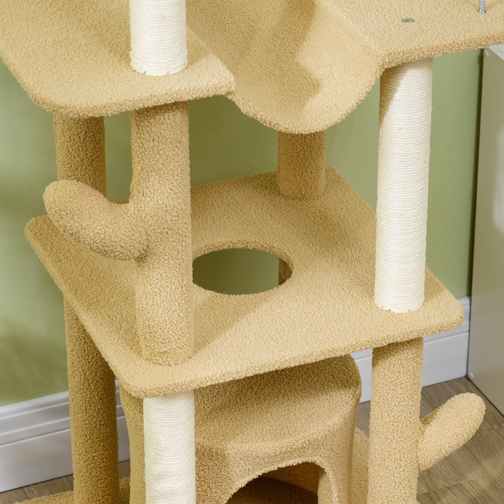 PawHut Floor to Ceiling Cat Tree, 89"-100" Adjustable Height Cat Tower for Large Cats with Scratching Posts, Grooming Brush Post, Cat Condo, Perches, Hammocks, Balls, Brown