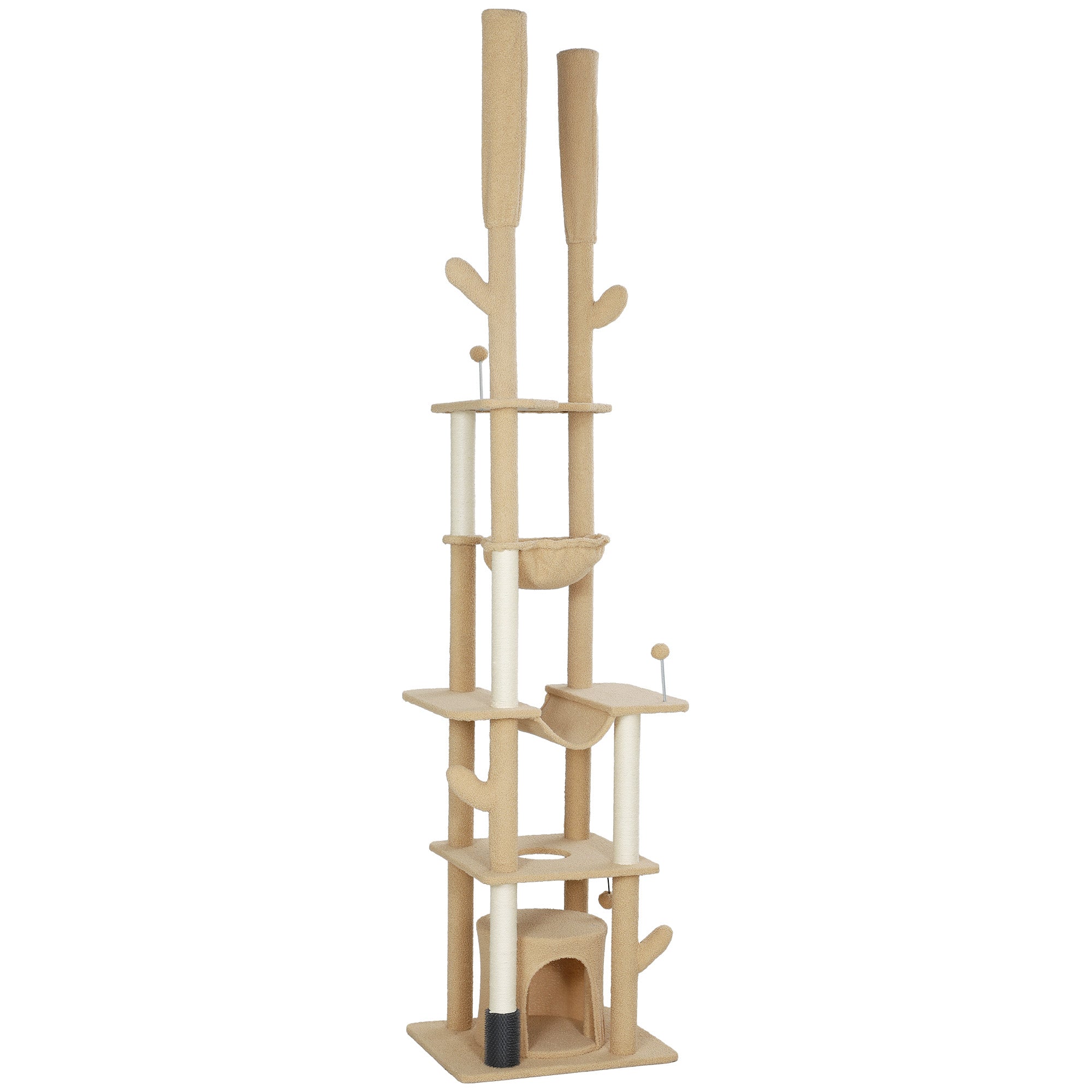 PawHut Floor to Ceiling Cat Tree, 89"-100" Adjustable Height Cat Tower for Large Cats with Scratching Posts, Grooming Brush Post, Cat Condo, Perches, Hammocks, Balls, Brown