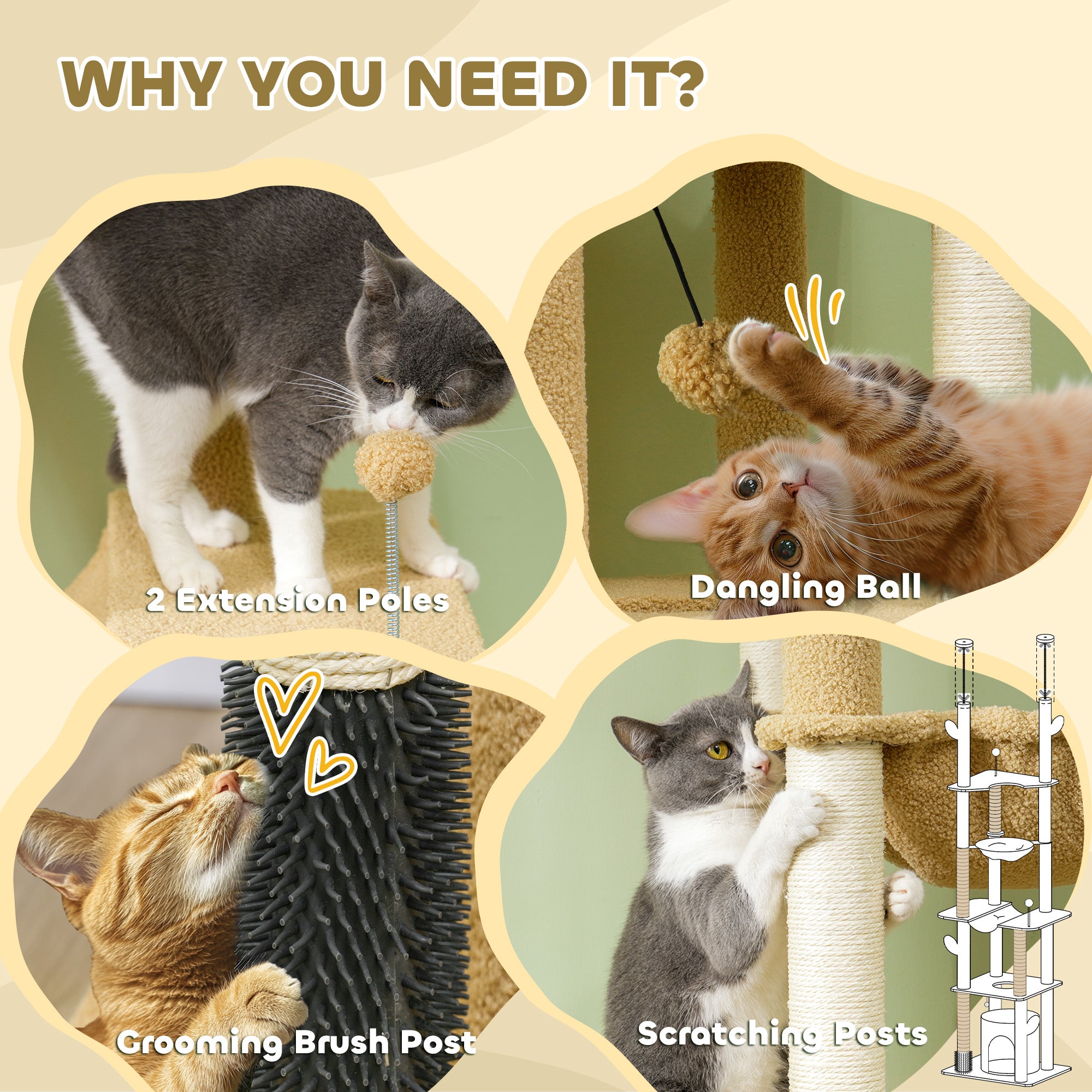 PawHut Floor to Ceiling Cat Tree, 89"-100" Adjustable Height Cat Tower for Large Cats with Scratching Posts, Grooming Brush Post, Cat Condo, Perches, Hammocks, Balls, Brown