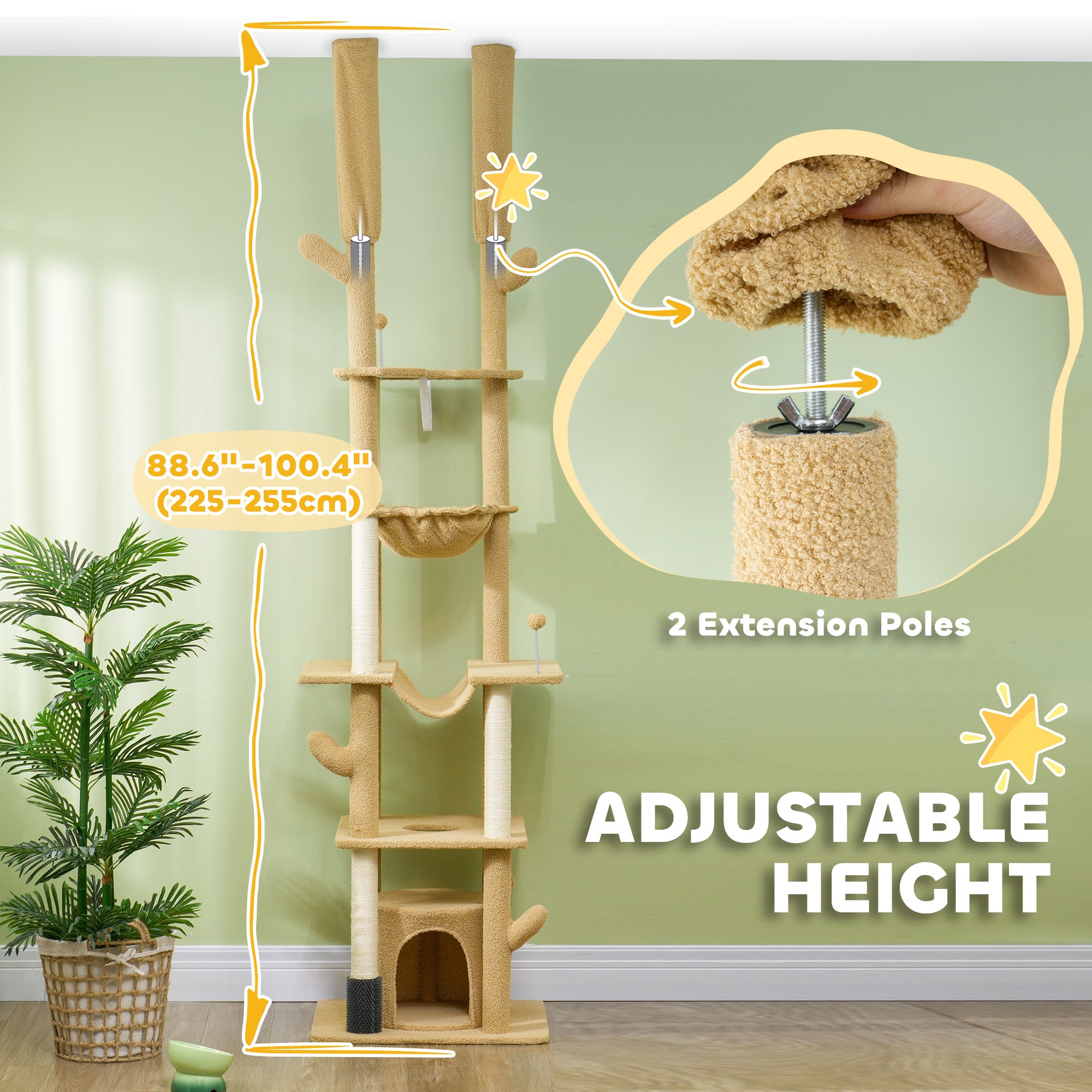 PawHut Floor to Ceiling Cat Tree, 89"-100" Adjustable Height Cat Tower for Large Cats with Scratching Posts, Grooming Brush Post, Cat Condo, Perches, Hammocks, Balls, Brown