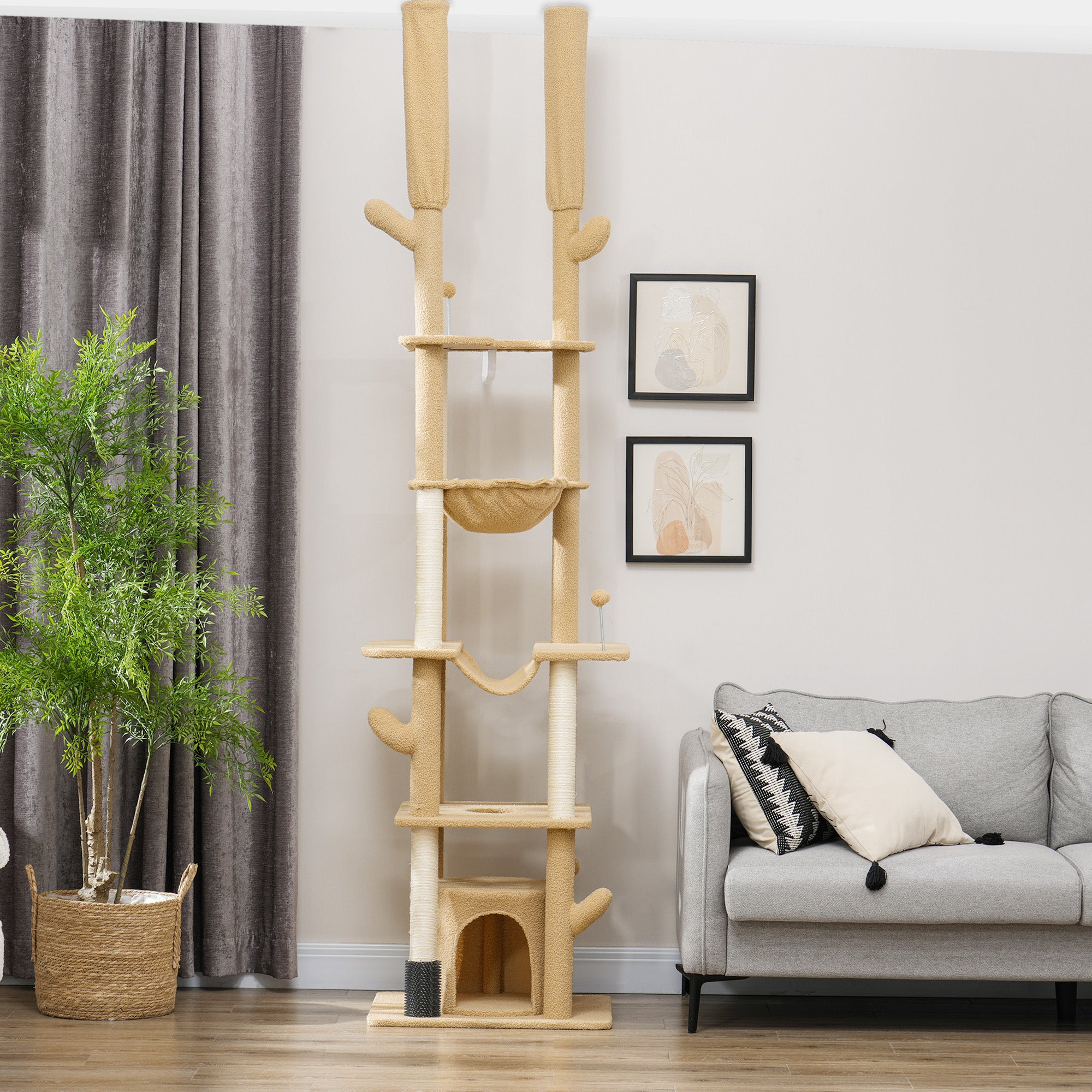 PawHut Floor to Ceiling Cat Tree, 89"-100" Adjustable Height Cat Tower for Large Cats with Scratching Posts, Grooming Brush Post, Cat Condo, Perches, Hammocks, Balls, Brown