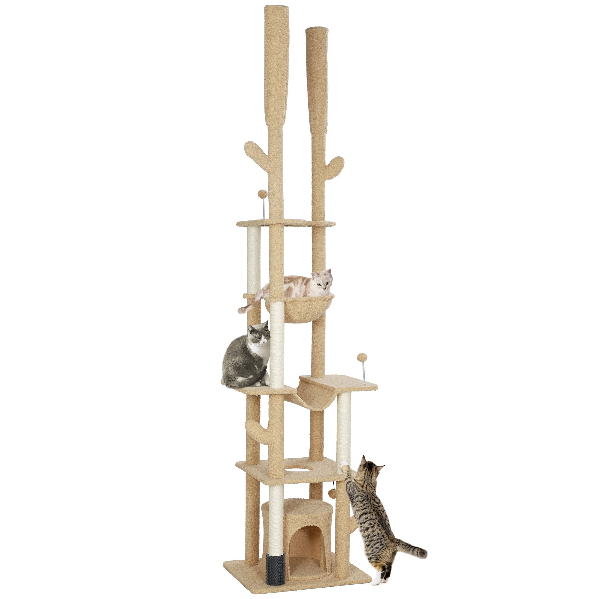 PawHut Floor to Ceiling Cat Tree, 89"-100" Adjustable Height Cat Tower for Large Cats with Scratching Posts, Grooming Brush Post, Cat Condo, Perches, Hammocks, Balls, Brown