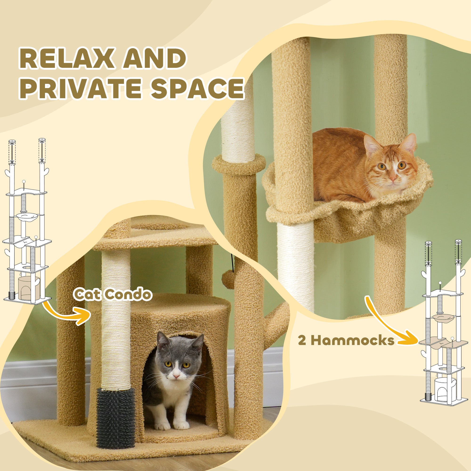 PawHut Floor to Ceiling Cat Tree, 89"-100" Adjustable Height Cat Tower for Large Cats with Scratching Posts, Grooming Brush Post, Cat Condo, Perches, Hammocks, Balls, Brown