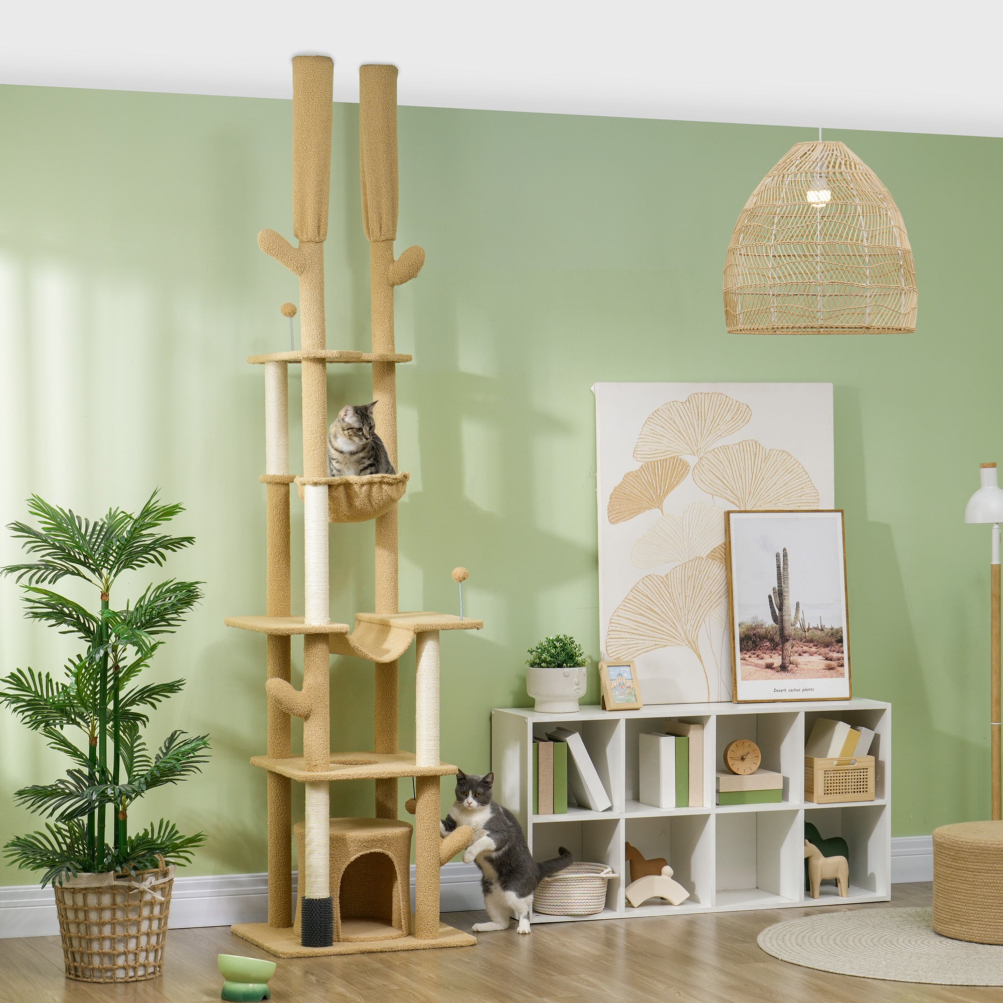 PawHut Floor to Ceiling Cat Tree, 89"-100" Adjustable Height Cat Tower for Large Cats with Scratching Posts, Grooming Brush Post, Cat Condo, Perches, Hammocks, Balls, Brown