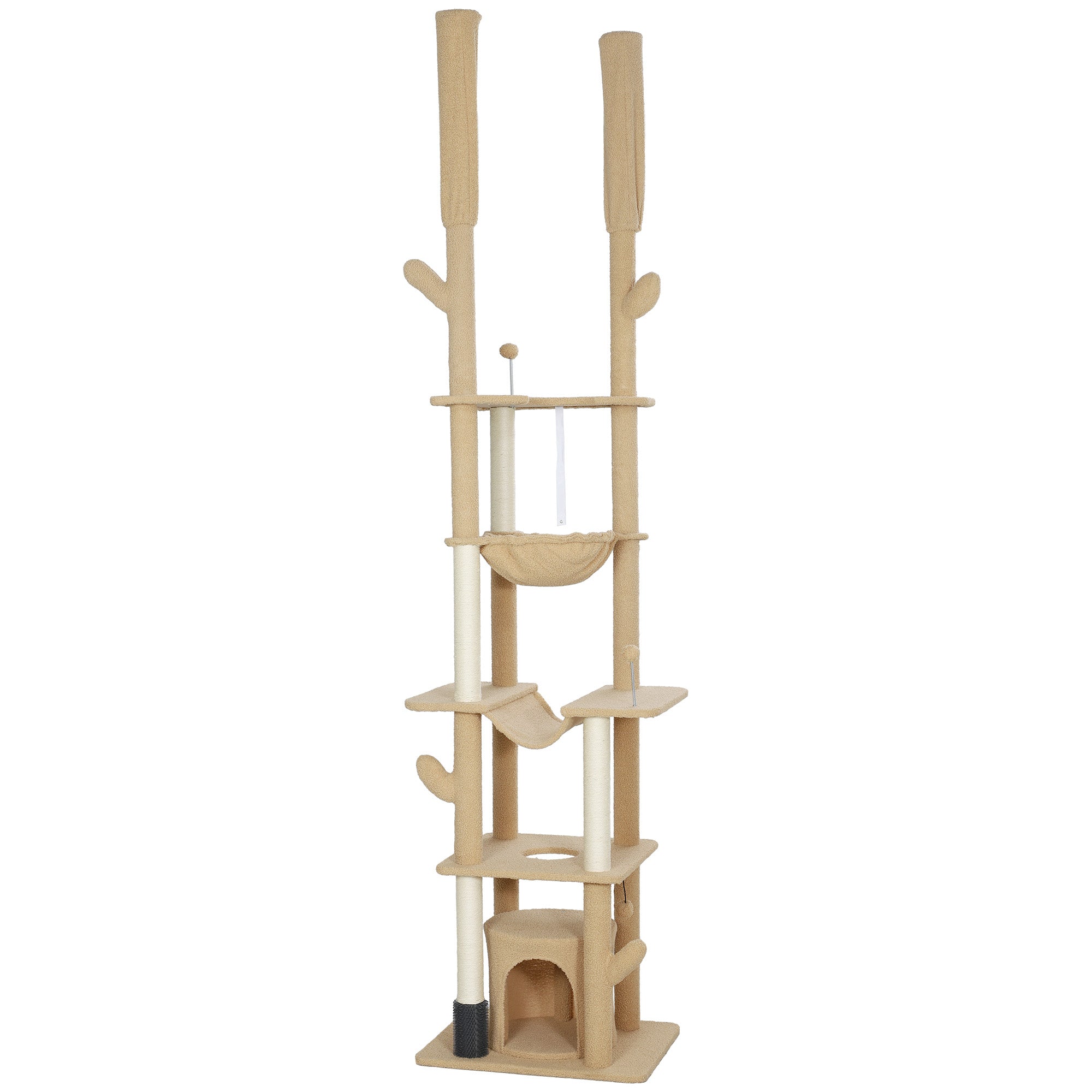PawHut Floor to Ceiling Cat Tree, 89"-100" Adjustable Height Cat Tower for Large Cats with Scratching Posts, Grooming Brush Post, Cat Condo, Perches, Hammocks, Balls, Brown