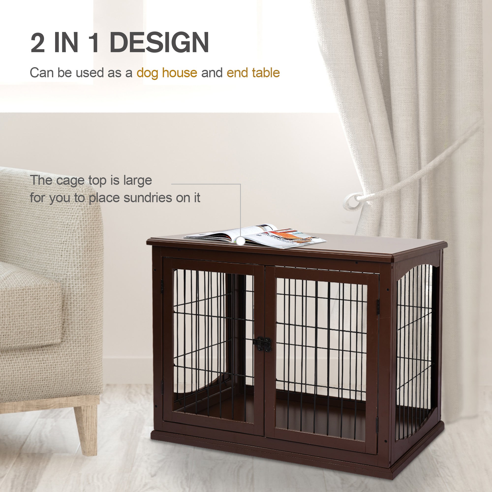PawHut 32" Wooden Dog Crate Furniture Dog Cage, Modern Side Table Pet Kennel with Double Lockable Door, 32" L x 23" W x 26" H, Brown