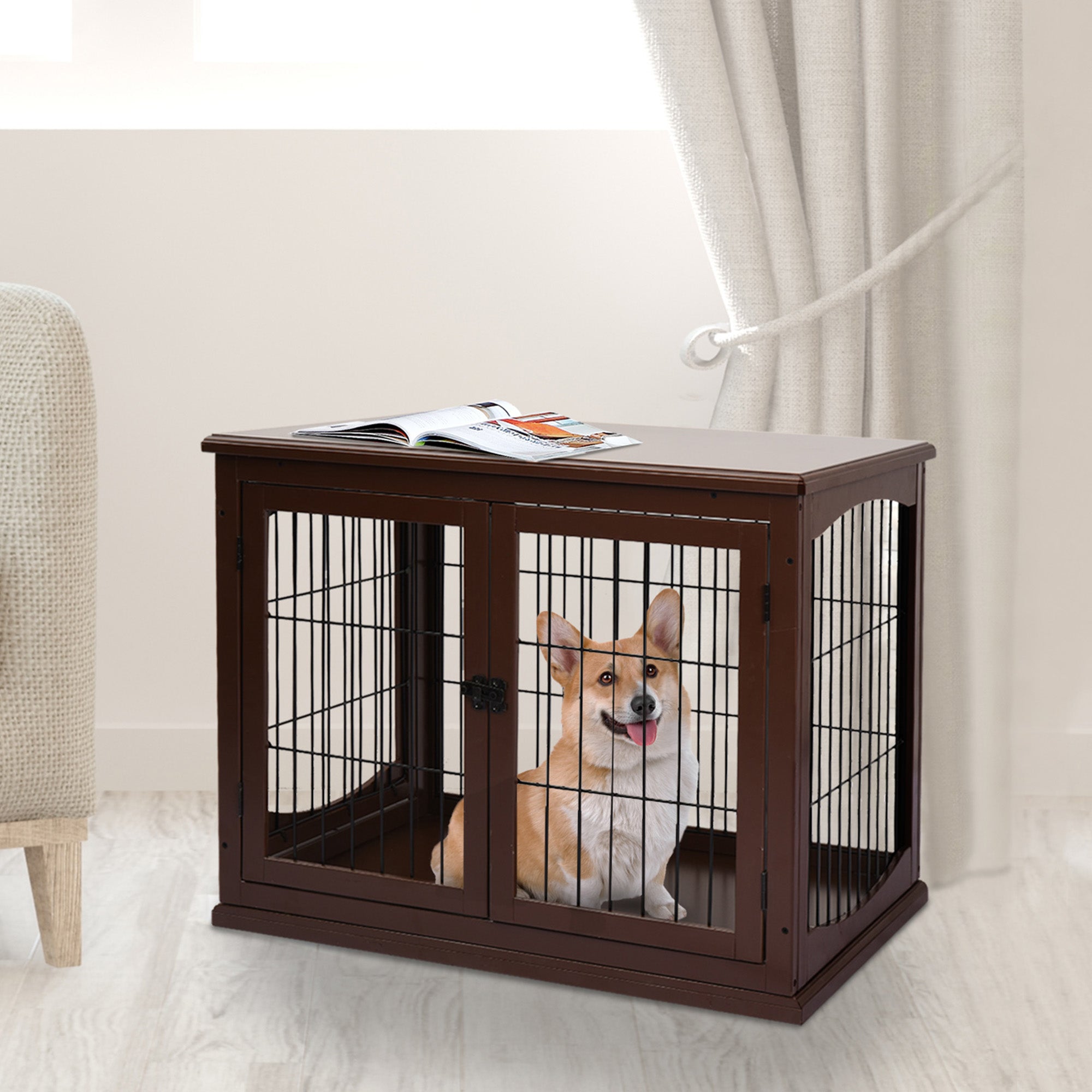 PawHut 32" Wooden Dog Crate Furniture Dog Cage, Modern Side Table Pet Kennel with Double Lockable Door, 32" L x 23" W x 26" H, Brown