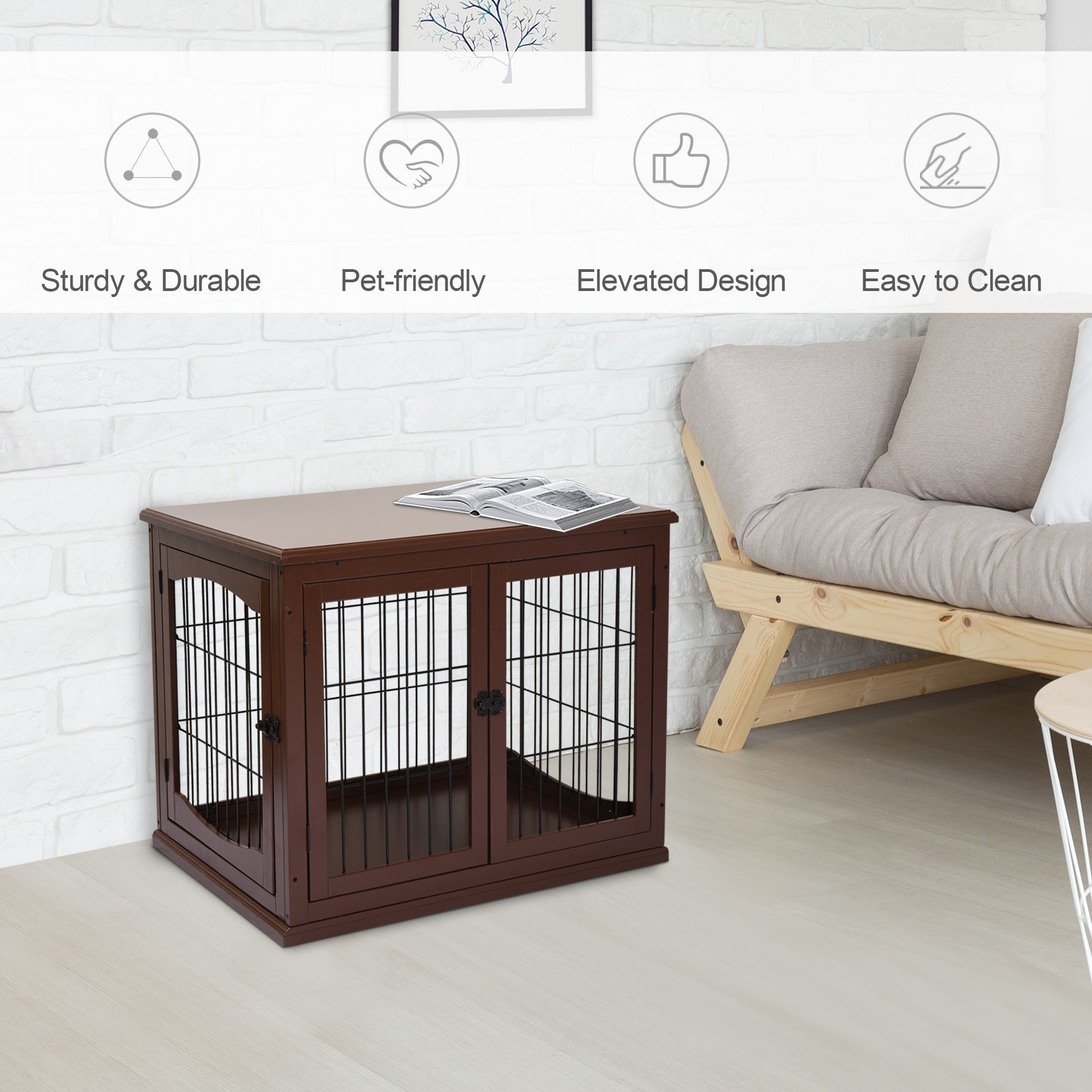 PawHut 32" Wooden Dog Crate Furniture Dog Cage, Modern Side Table Pet Kennel with Double Lockable Door, 32" L x 23" W x 26" H, Brown