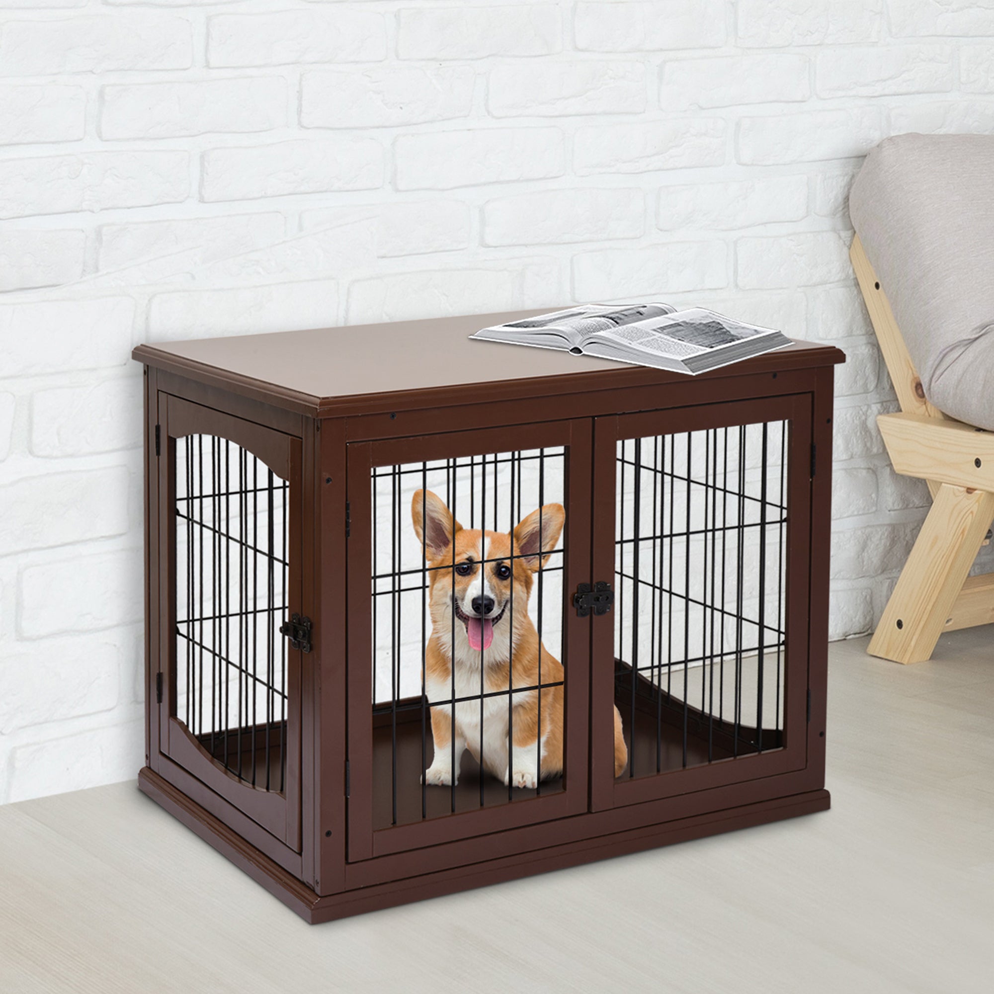 PawHut 32" Wooden Dog Crate Furniture Dog Cage, Modern Side Table Pet Kennel with Double Lockable Door, 32" L x 23" W x 26" H, Brown