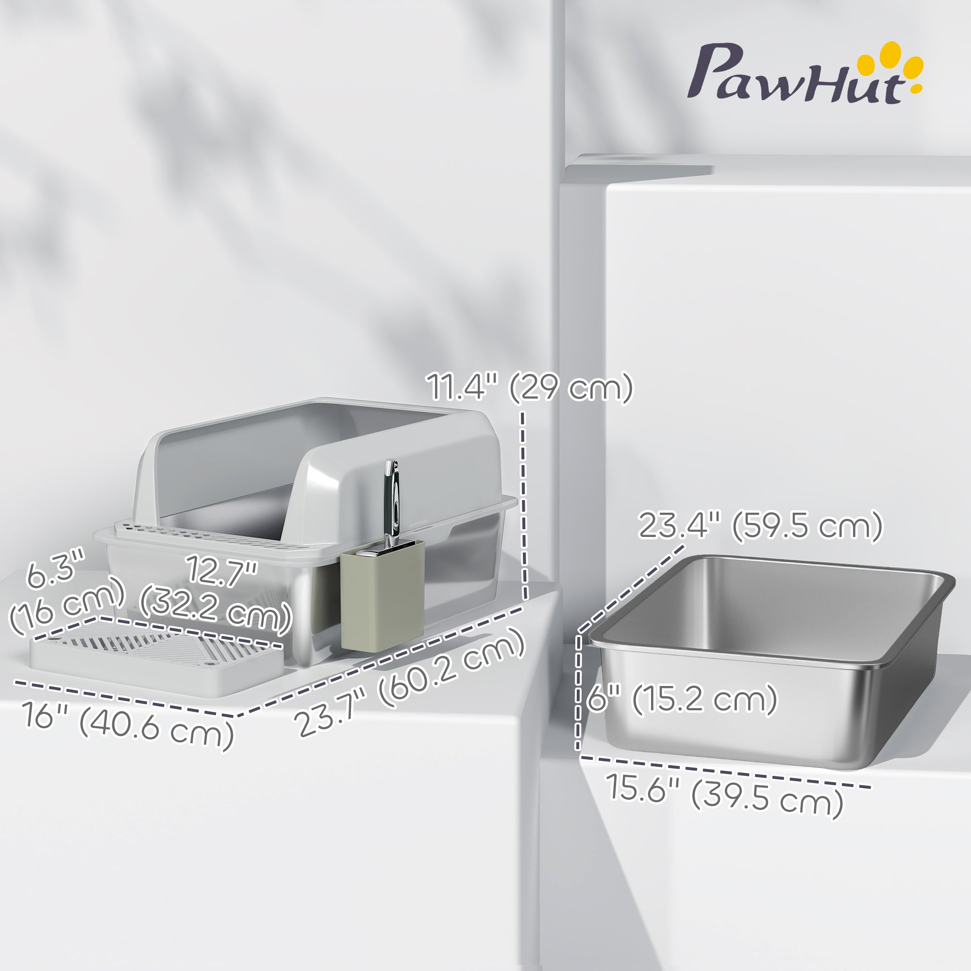PawHut Stainless Steel Cat Litter Box, 24" x 16" x 11" Cat Litter Box High Sided Wall, Metal Litter Box with Metal Scoop & Holder, Non-Sticky, Easy to Clean, Anti-Urine Leakage