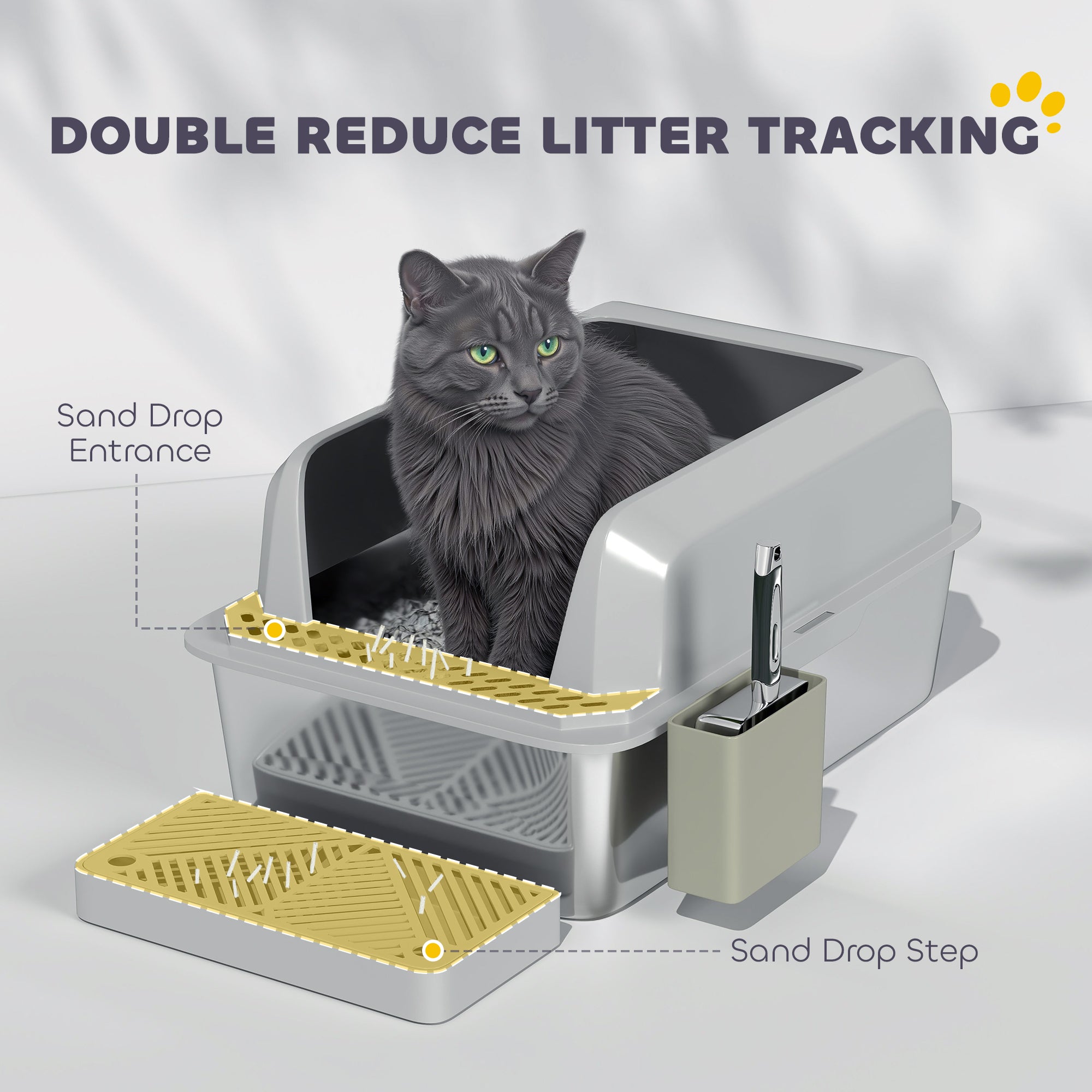 PawHut Stainless Steel Cat Litter Box, 24" x 16" x 11" Cat Litter Box High Sided Wall, Metal Litter Box with Metal Scoop & Holder, Non-Sticky, Easy to Clean, Anti-Urine Leakage