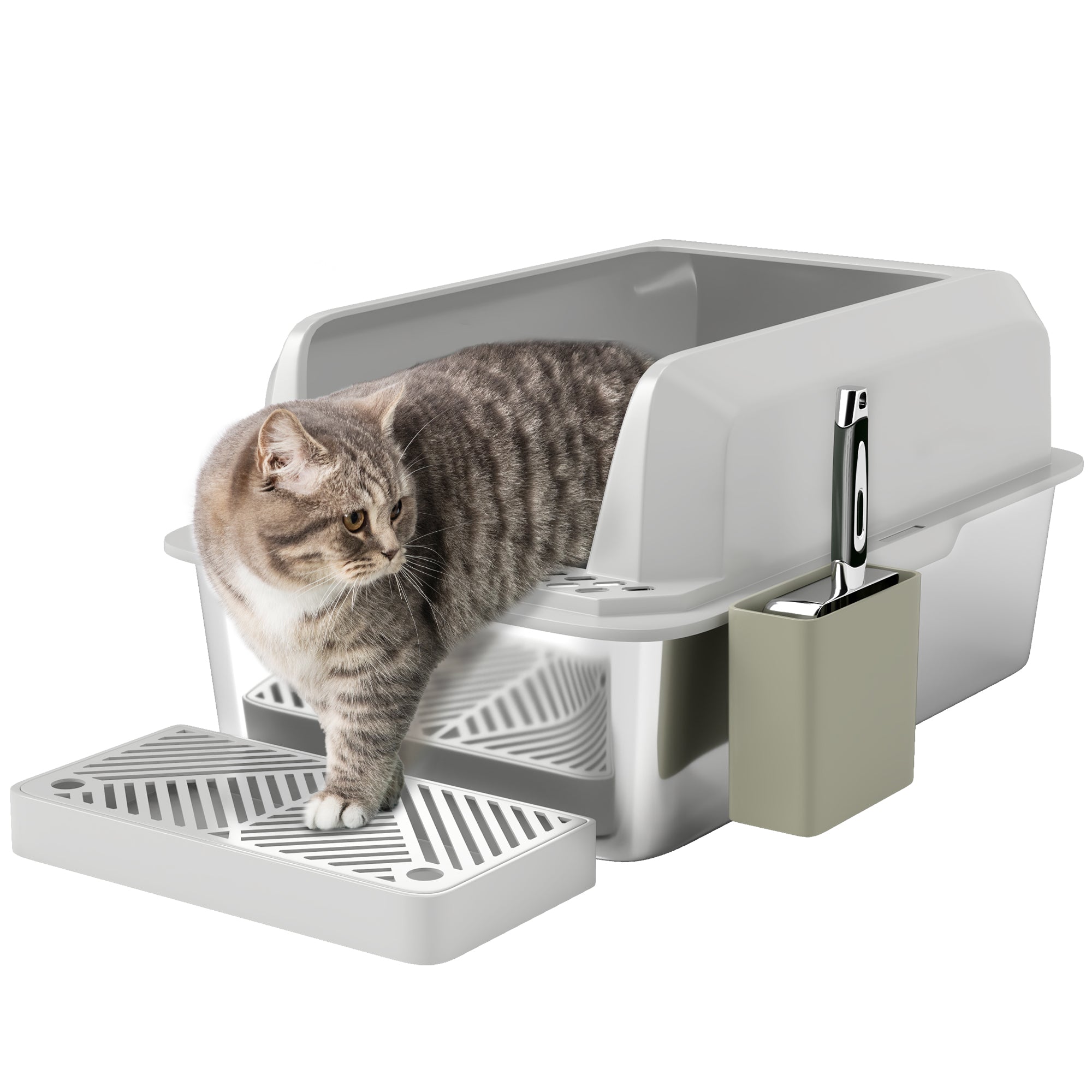 PawHut Stainless Steel Cat Litter Box, 24" x 16" x 11" Cat Litter Box High Sided Wall, Metal Litter Box with Metal Scoop & Holder, Non-Sticky, Easy to Clean, Anti-Urine Leakage