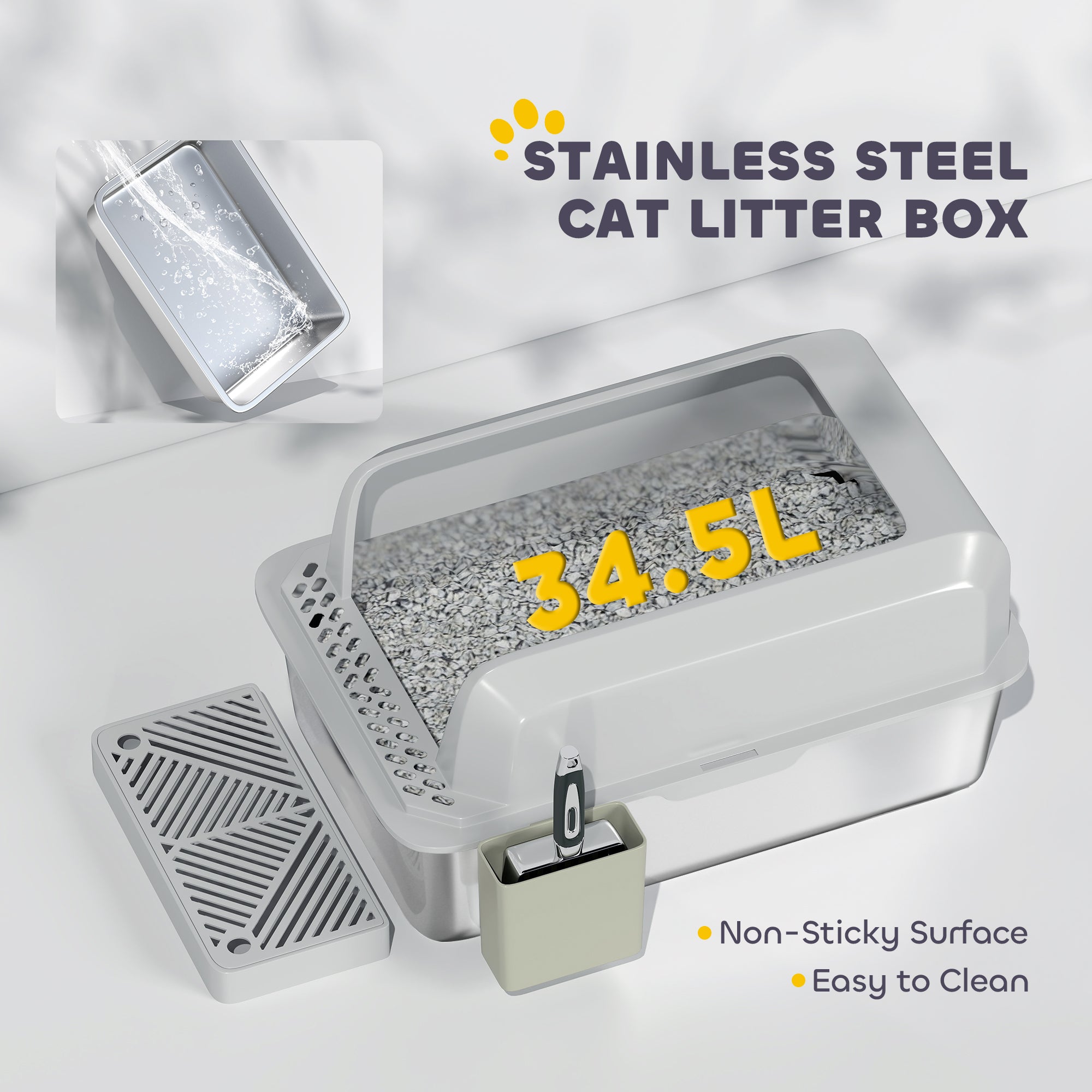 PawHut Stainless Steel Cat Litter Box, 24