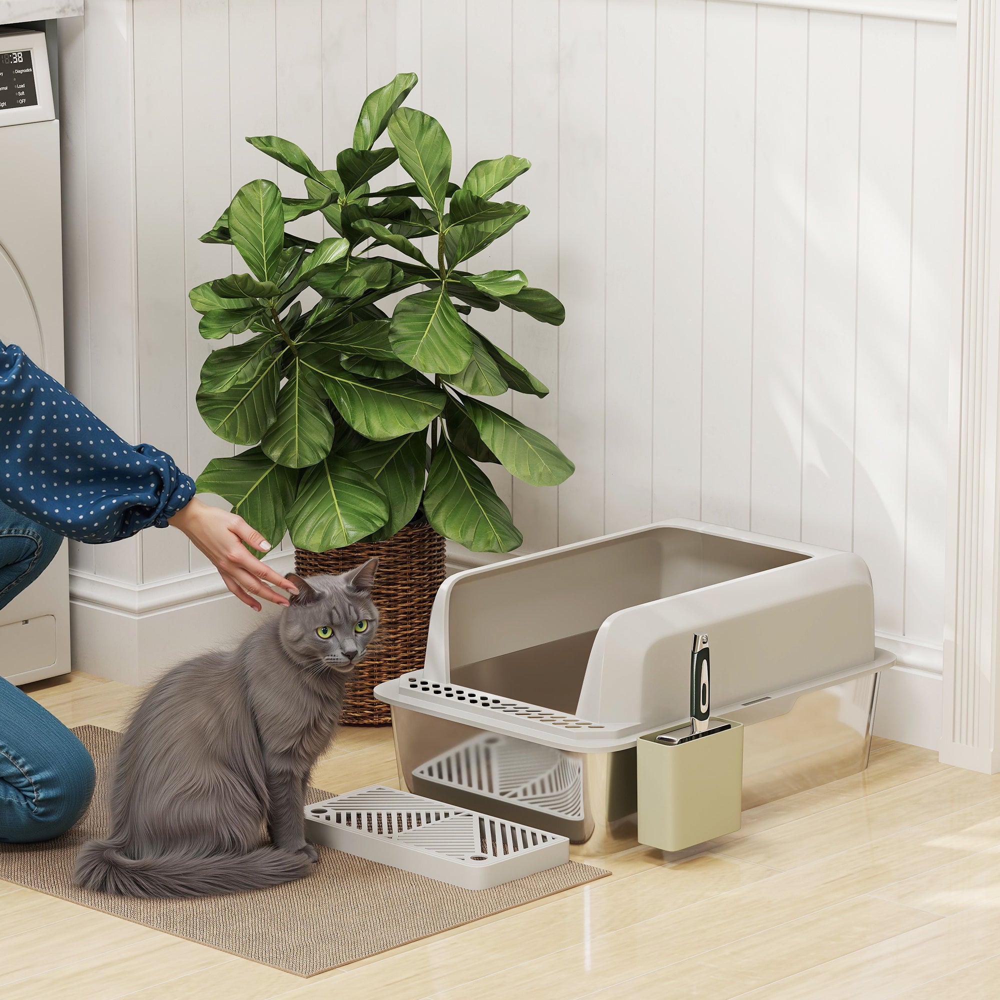 PawHut Stainless Steel Cat Litter Box, 24" x 16" x 11" Cat Litter Box High Sided Wall, Metal Litter Box with Metal Scoop & Holder, Non-Sticky, Easy to Clean, Anti-Urine Leakage