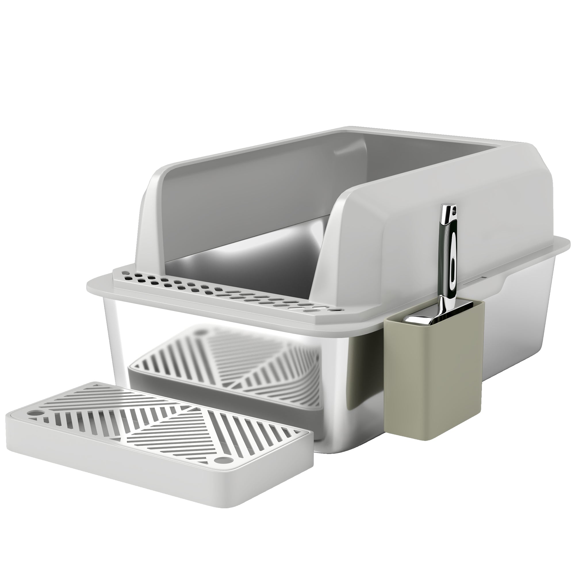 PawHut Stainless Steel Cat Litter Box, 24" x 16" x 11" Cat Litter Box High Sided Wall, Metal Litter Box with Metal Scoop & Holder, Non-Sticky, Easy to Clean, Anti-Urine Leakage