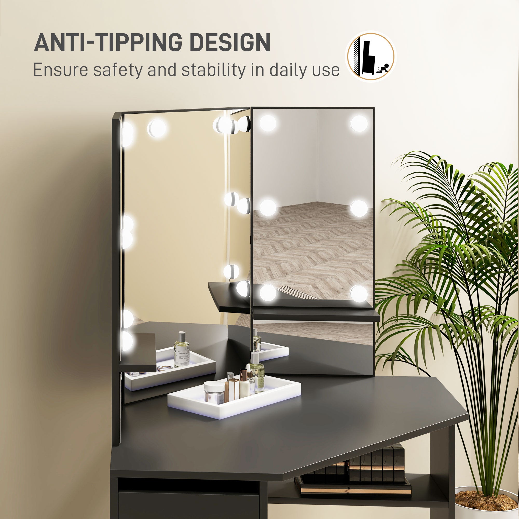HOMCOM Makeup Vanity Desk with 3-Panel Mirror and 10 LED Lights, Dressing Table with 5 Drawers and Shelves for Bedroom, Black