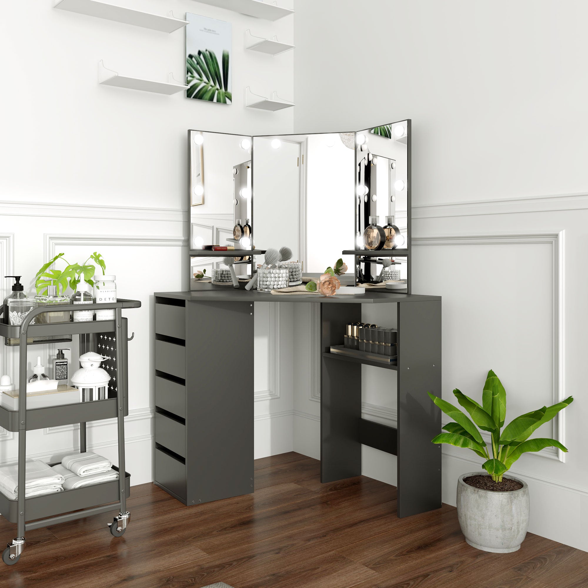 HOMCOM Makeup Vanity Desk with 3-Panel Mirror and 10 LED Lights, Dressing Table with 5 Drawers and Shelves for Bedroom, Black