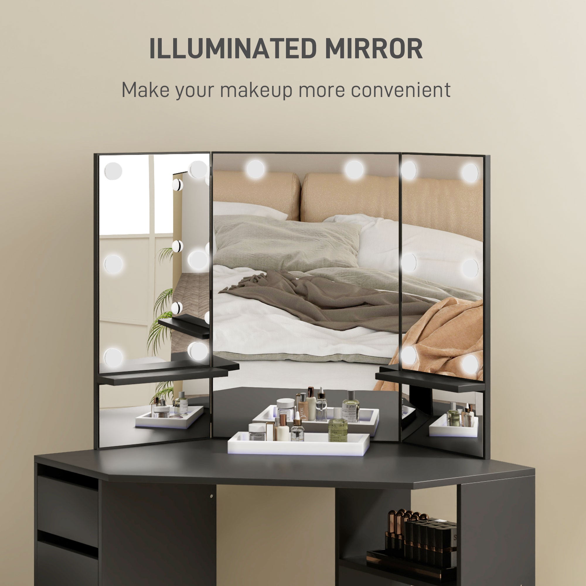 HOMCOM Makeup Vanity Desk with 3-Panel Mirror and 10 LED Lights, Dressing Table with 5 Drawers and Shelves for Bedroom, Black