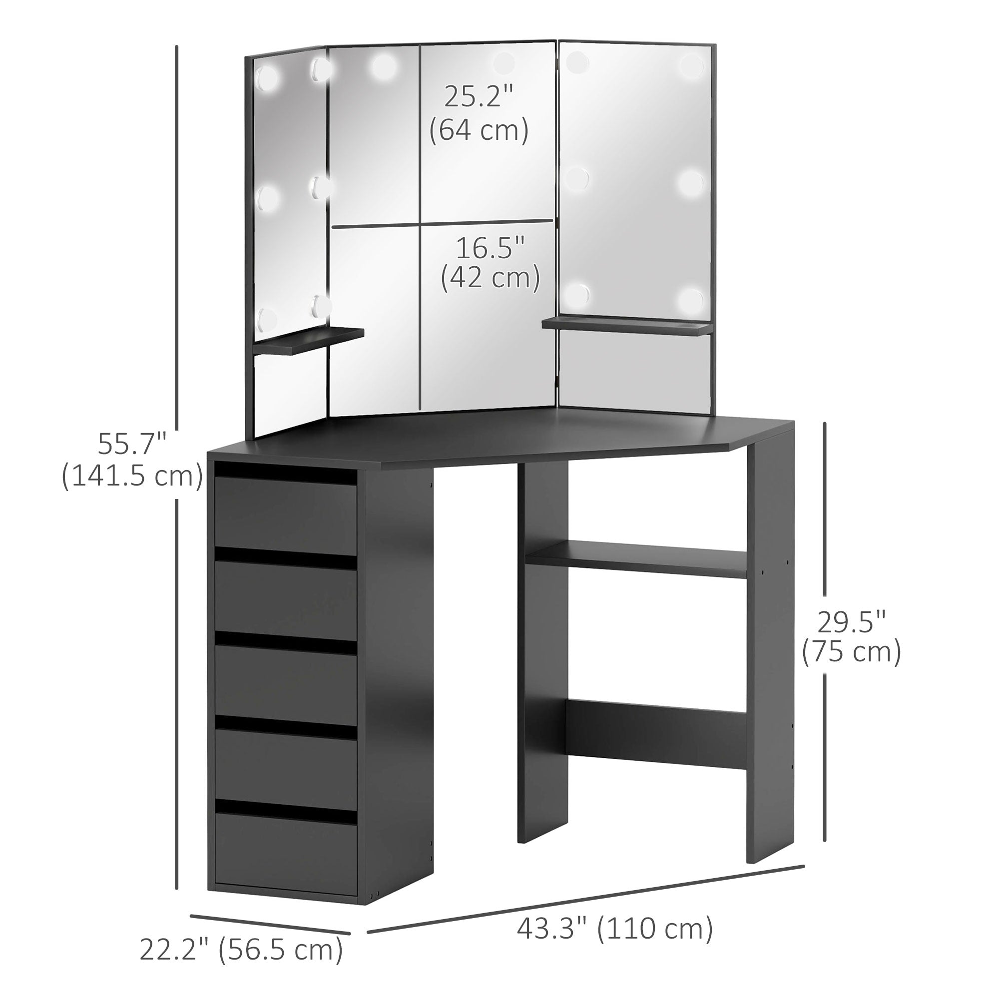 HOMCOM Makeup Vanity Desk with 3-Panel Mirror and 10 LED Lights, Dressing Table with 5 Drawers and Shelves for Bedroom, Black