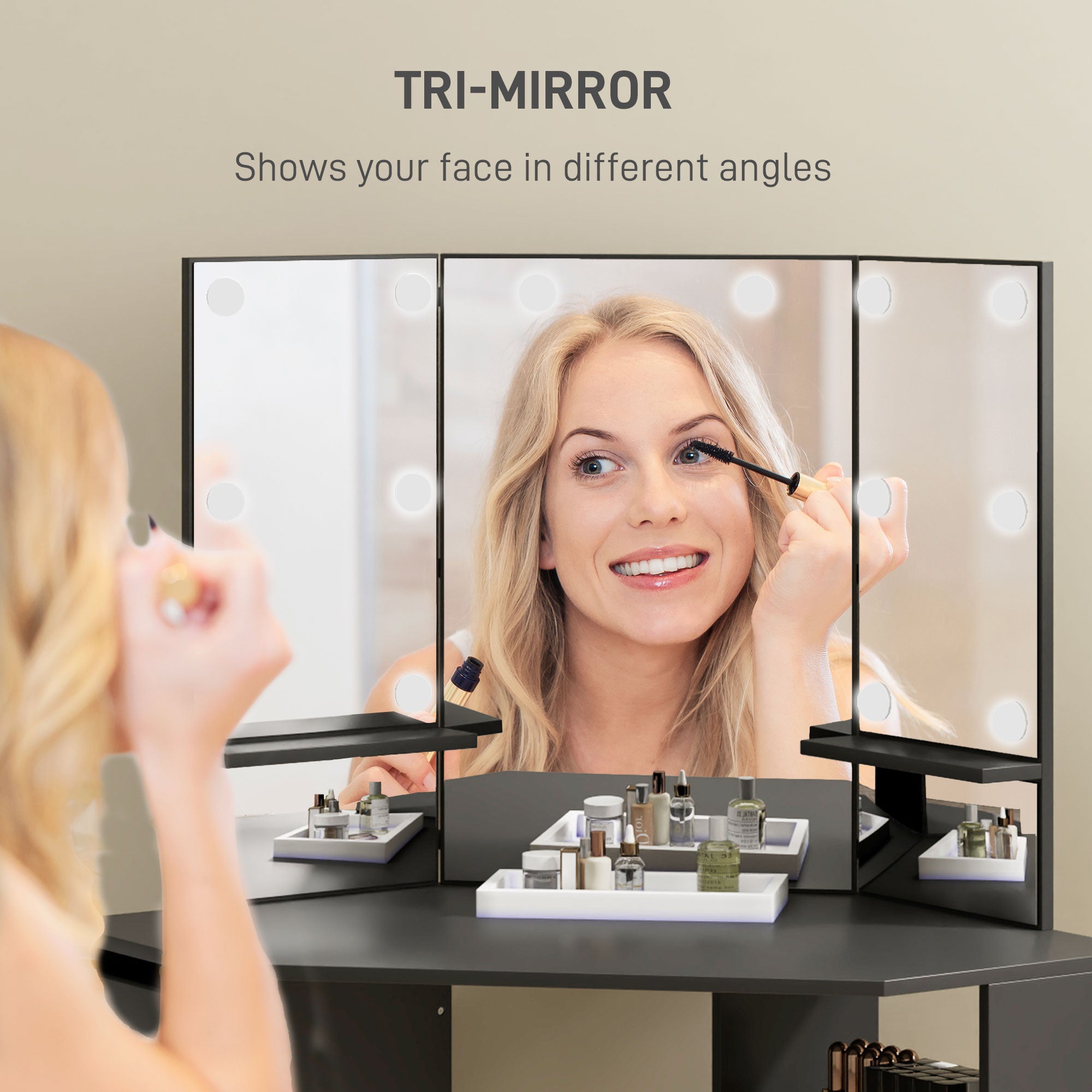 HOMCOM Makeup Vanity Desk with 3-Panel Mirror and 10 LED Lights, Dressing Table with 5 Drawers and Shelves for Bedroom, Black