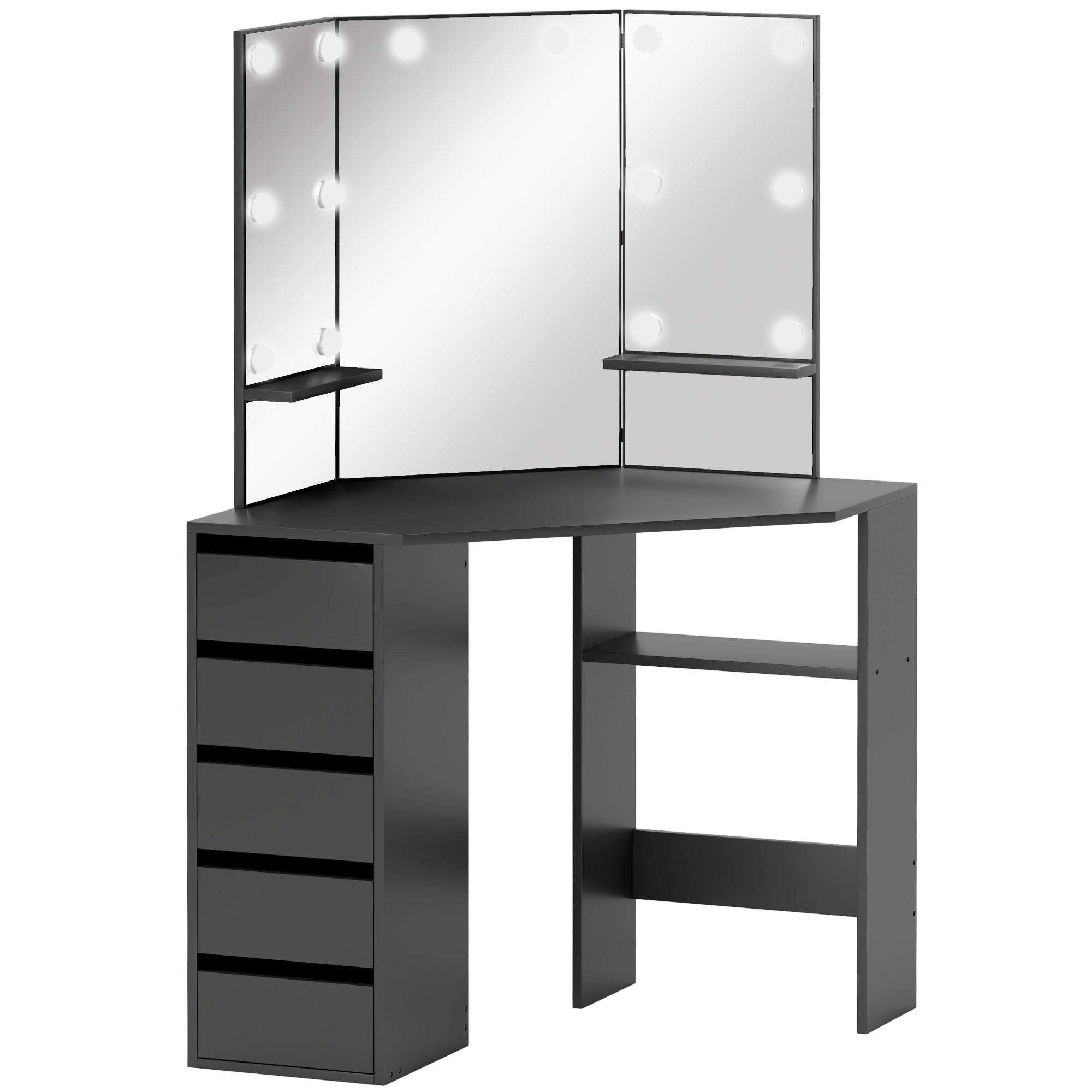 HOMCOM Makeup Vanity Desk with 3-Panel Mirror and 10 LED Lights, Dressing Table with 5 Drawers and Shelves for Bedroom, Black