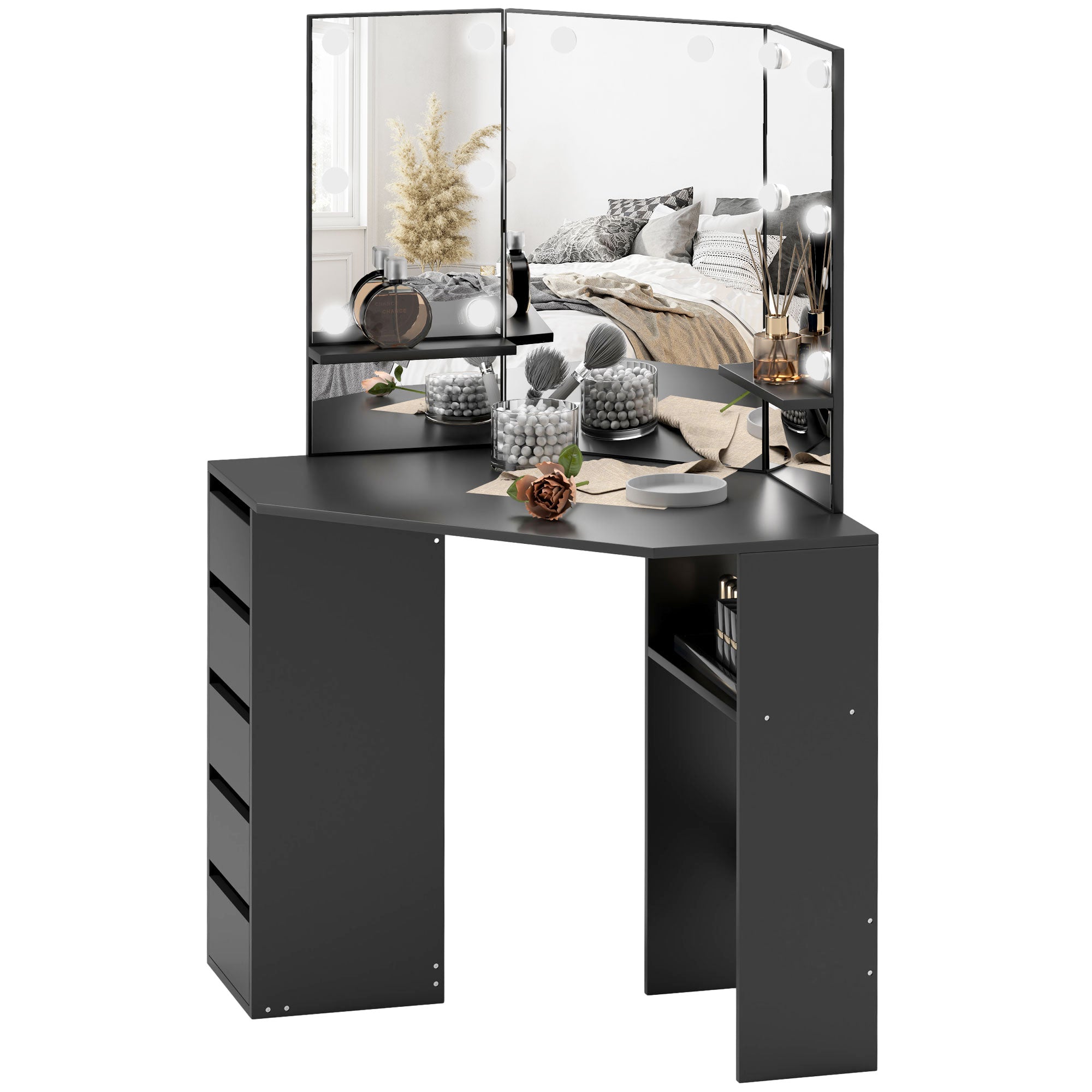 HOMCOM Makeup Vanity Desk with 3-Panel Mirror and 10 LED Lights, Dressing Table with 5 Drawers and Shelves for Bedroom, Black
