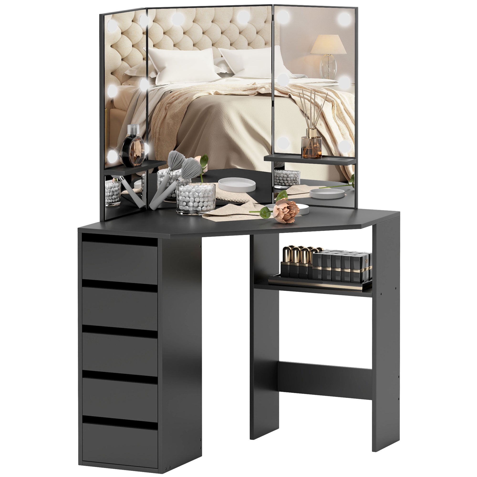HOMCOM Makeup Vanity Desk with 3-Panel Mirror and 10 LED Lights, Dressing Table with 5 Drawers and Shelves for Bedroom, Black
