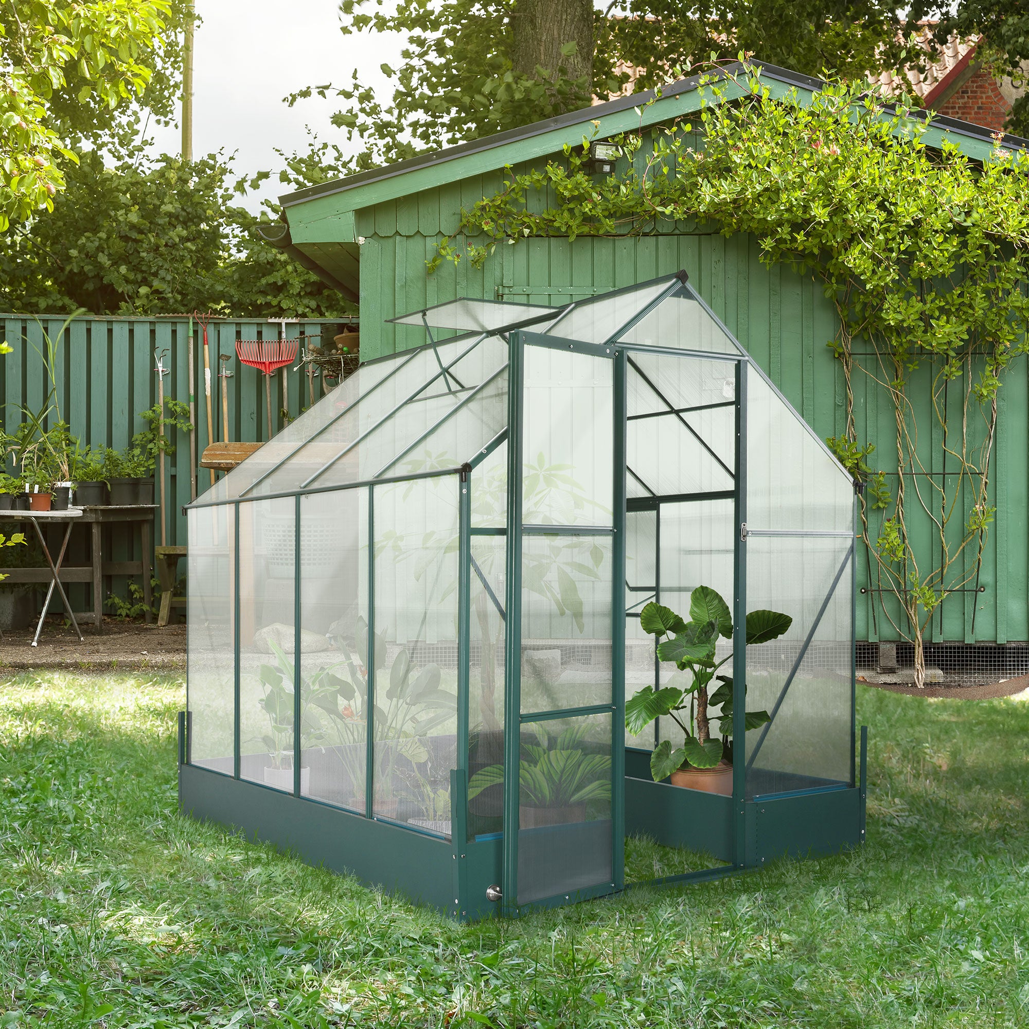 Outsunny 8' x 6' x 7' Polycarbonate Greenhouse with Raised Garden Bed and Temperature Controlled Window, Walk in Outdoor Plant Green House with Aluminum Alloy Frame