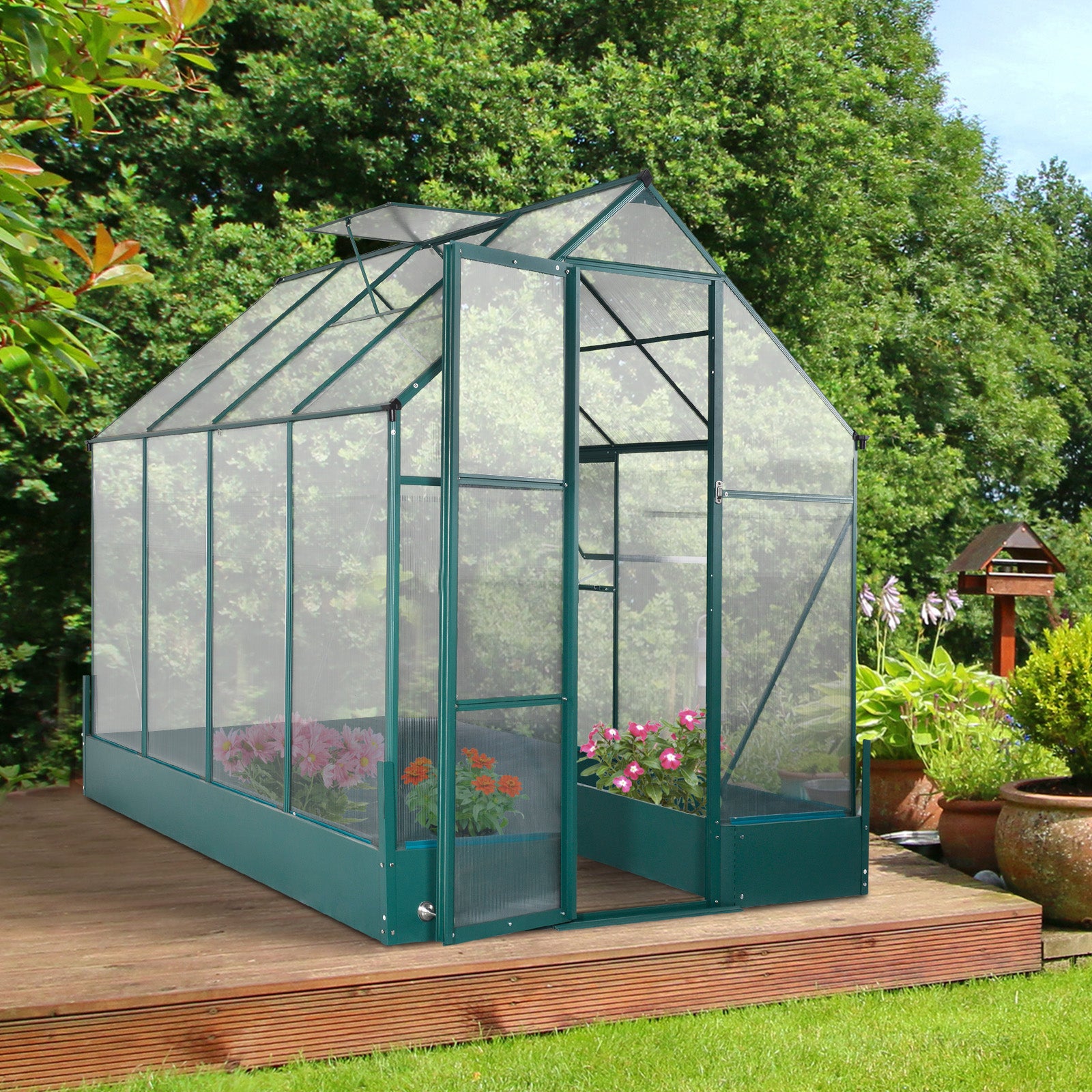 Outsunny 8' x 6' x 7' Polycarbonate Greenhouse with Raised Garden Bed and Temperature Controlled Window, Walk in Outdoor Plant Green House with Aluminum Alloy Frame