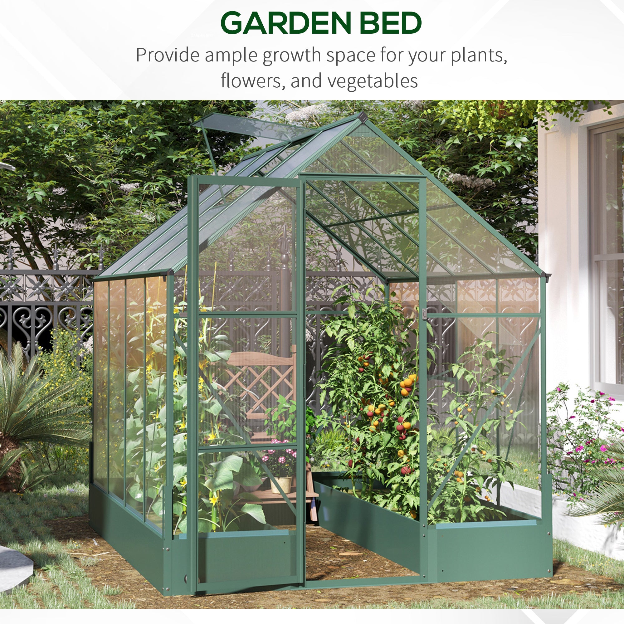 Outsunny 8' x 6' x 7' Polycarbonate Greenhouse with Raised Garden Bed and Temperature Controlled Window, Walk in Outdoor Plant Green House with Aluminum Alloy Frame