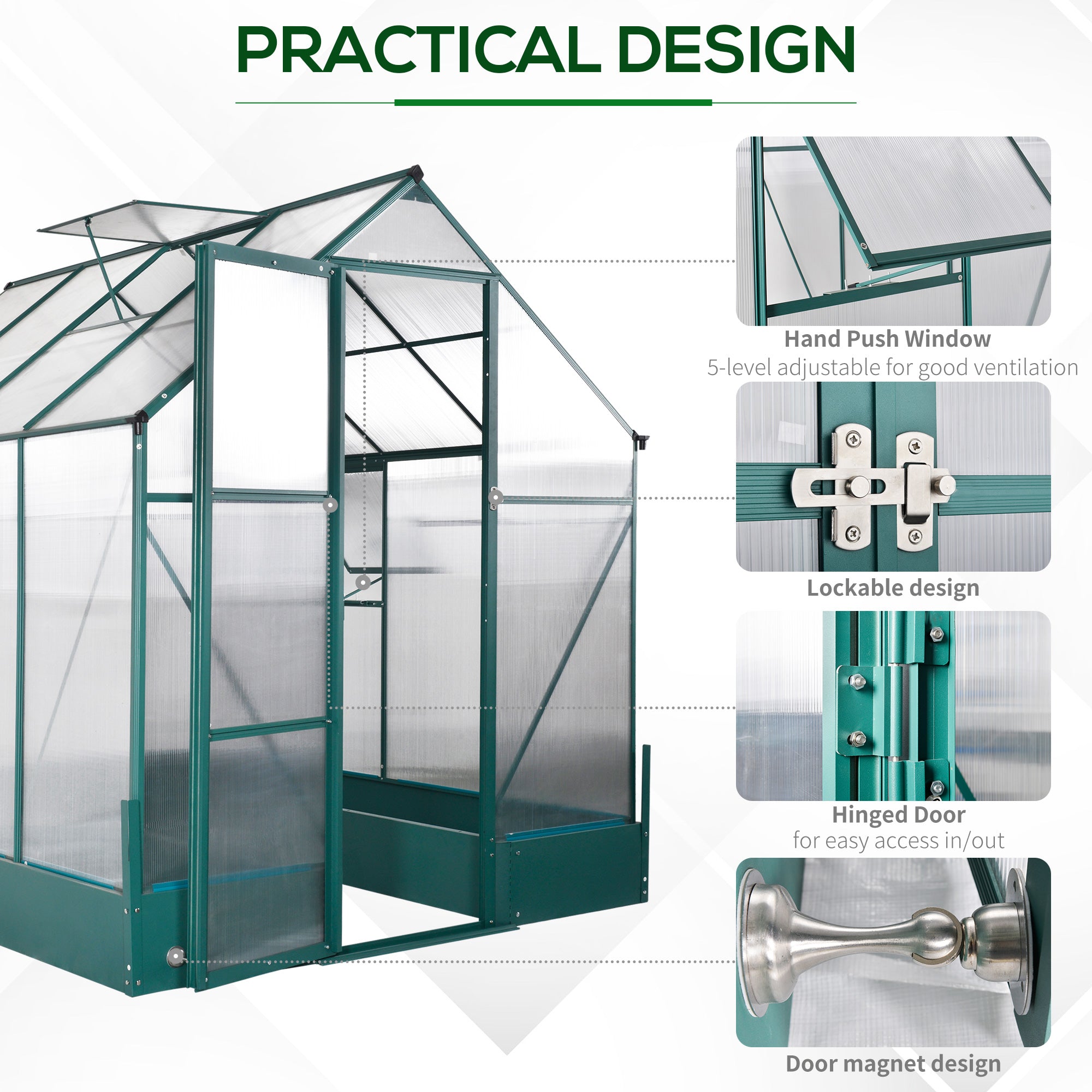 Outsunny 8' x 6' x 7' Polycarbonate Greenhouse with Raised Garden Bed and Temperature Controlled Window, Walk in Outdoor Plant Green House with Aluminum Alloy Frame