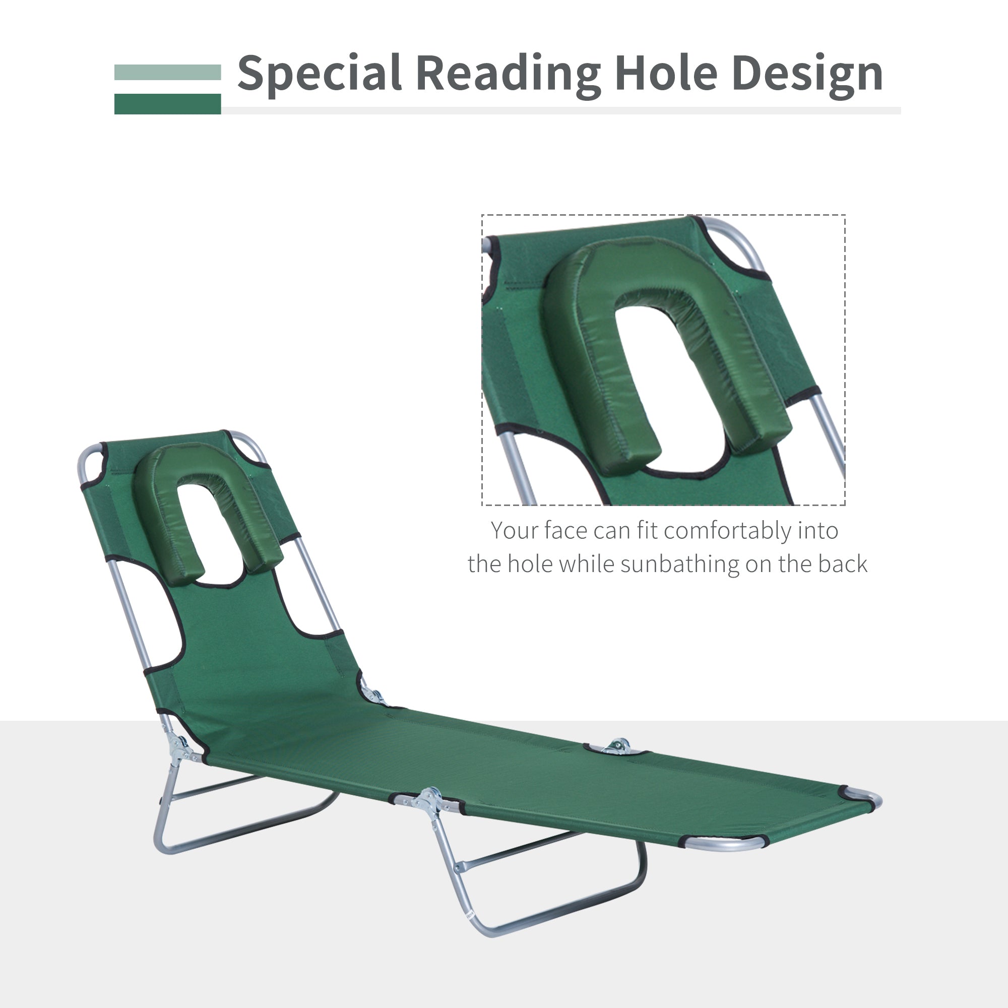 Outsunny Outdoor Lounge Chair, Adjustable Folding Chaise Lounge with Face Cavity, Tanning Chair Sun Lounger Bed Recliner, Green