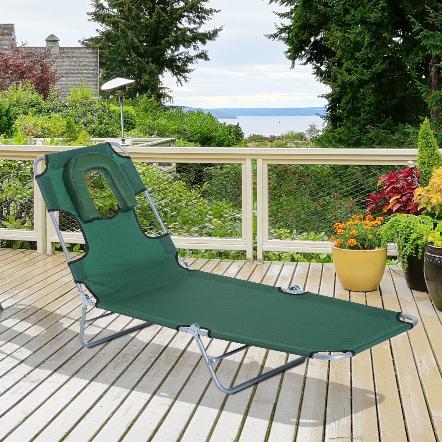 Outsunny Outdoor Lounge Chair, Adjustable Folding Chaise Lounge with Face Cavity, Tanning Chair Sun Lounger Bed Recliner, Green