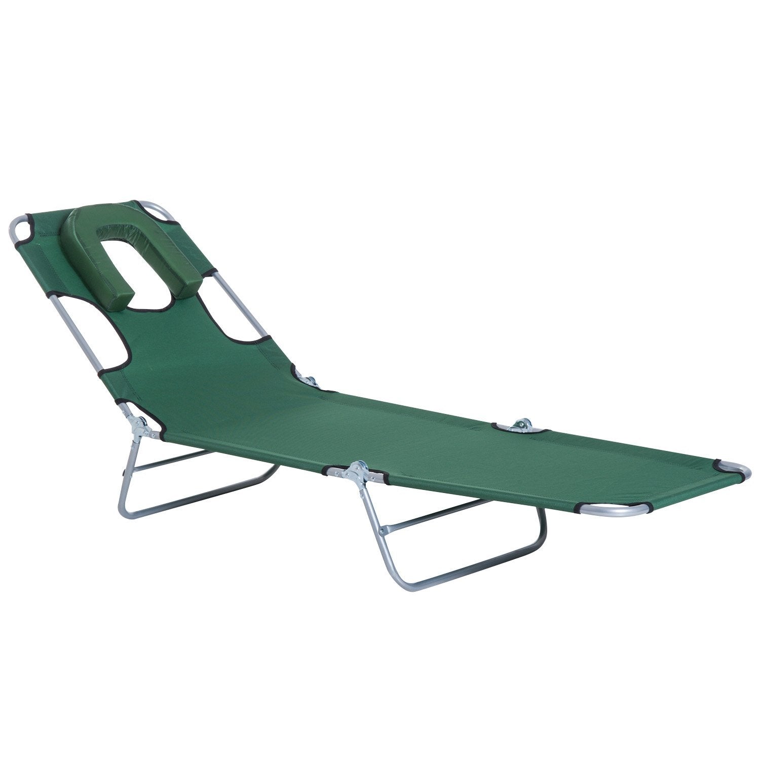 Outsunny Outdoor Lounge Chair, Adjustable Folding Chaise Lounge with Face Cavity, Tanning Chair Sun Lounger Bed Recliner, Green