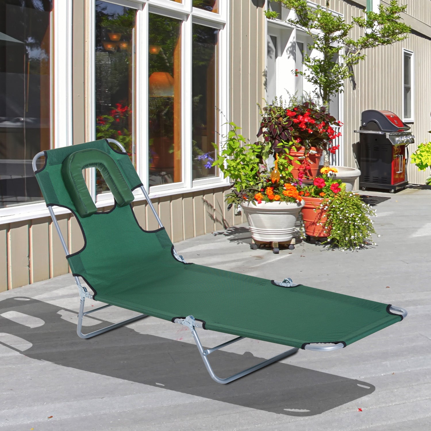 Outsunny Outdoor Lounge Chair, Adjustable Folding Chaise Lounge with Face Cavity, Tanning Chair Sun Lounger Bed Recliner, Green