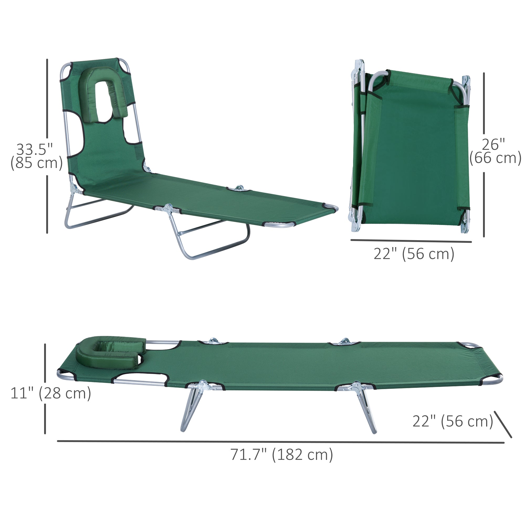 Outsunny Outdoor Lounge Chair, Adjustable Folding Chaise Lounge with Face Cavity, Tanning Chair Sun Lounger Bed Recliner, Green