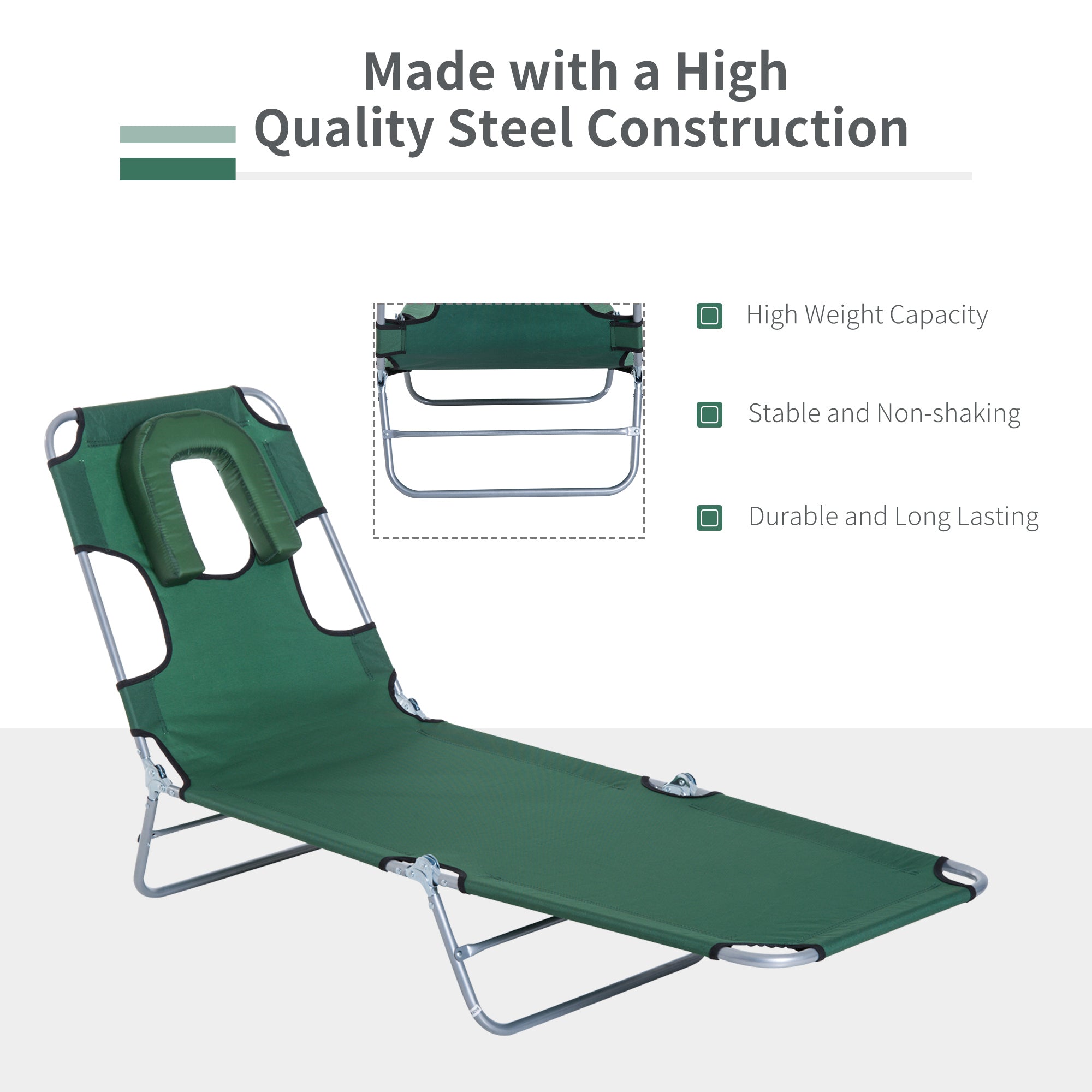 Outsunny Outdoor Lounge Chair, Adjustable Folding Chaise Lounge with Face Cavity, Tanning Chair Sun Lounger Bed Recliner, Green