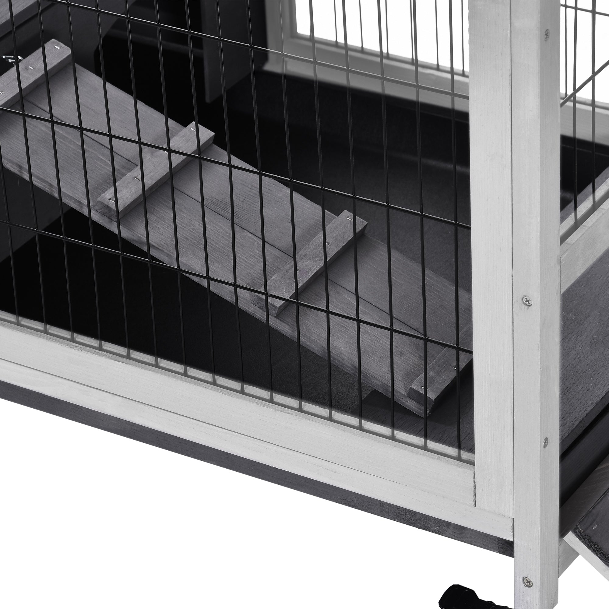 PawHut Wooden Indoor Rabbit Hutch Elevated Bunny Cage Habitat with Enclosed Run with Wheels, Suitable for Rabbits and Guinea Pigs, Grey