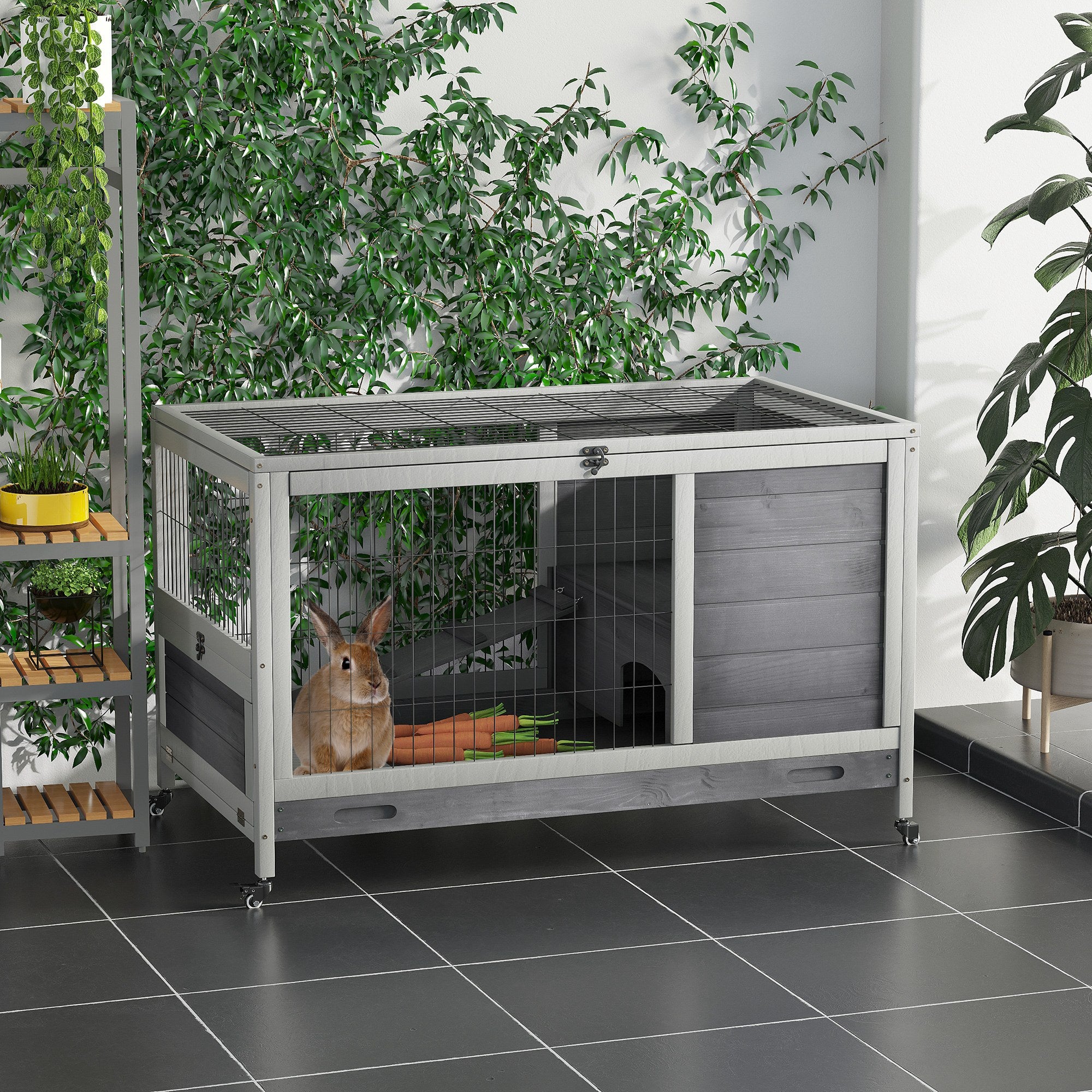 PawHut Wooden Indoor Rabbit Hutch Elevated Bunny Cage Habitat with Enclosed Run with Wheels, Suitable for Rabbits and Guinea Pigs, Grey