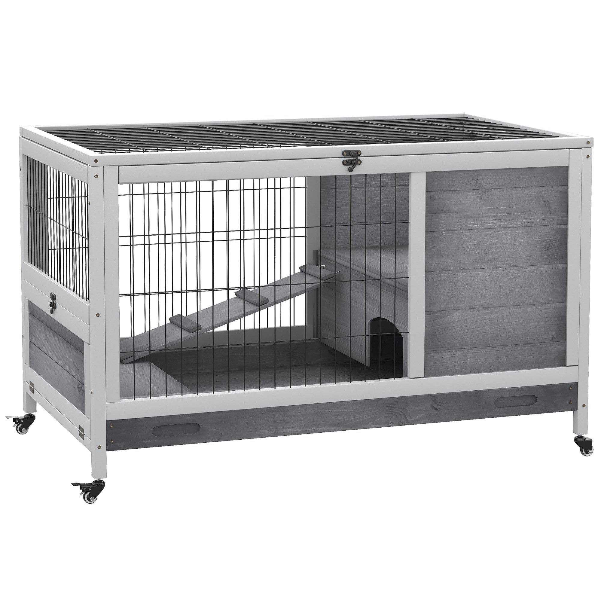 PawHut Wooden Indoor Rabbit Hutch Elevated Bunny Cage Habitat with Enclosed Run with Wheels, Suitable for Rabbits and Guinea Pigs, Grey