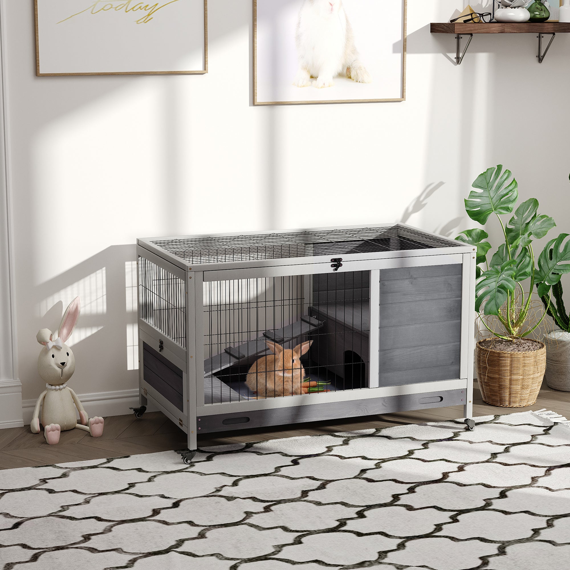 PawHut Wooden Indoor Rabbit Hutch Elevated Bunny Cage Habitat with Enclosed Run with Wheels, Suitable for Rabbits and Guinea Pigs, Grey