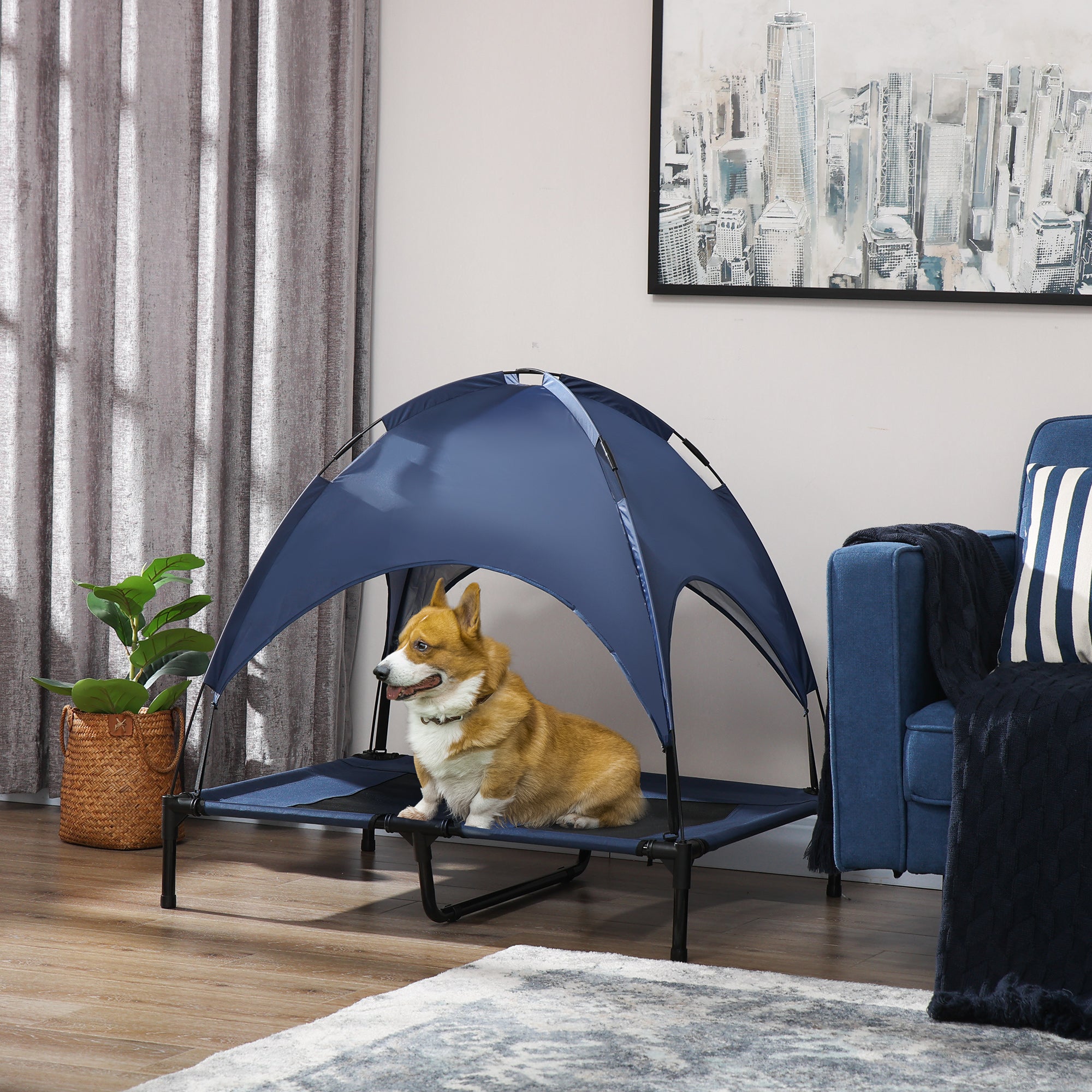 PawHut Elevated Dog Bed with Canopy, Portable Raised Dog Cot for L Sized Dogs, Indoor & Outdoor, 36" x 30" x 35", Dark Blue