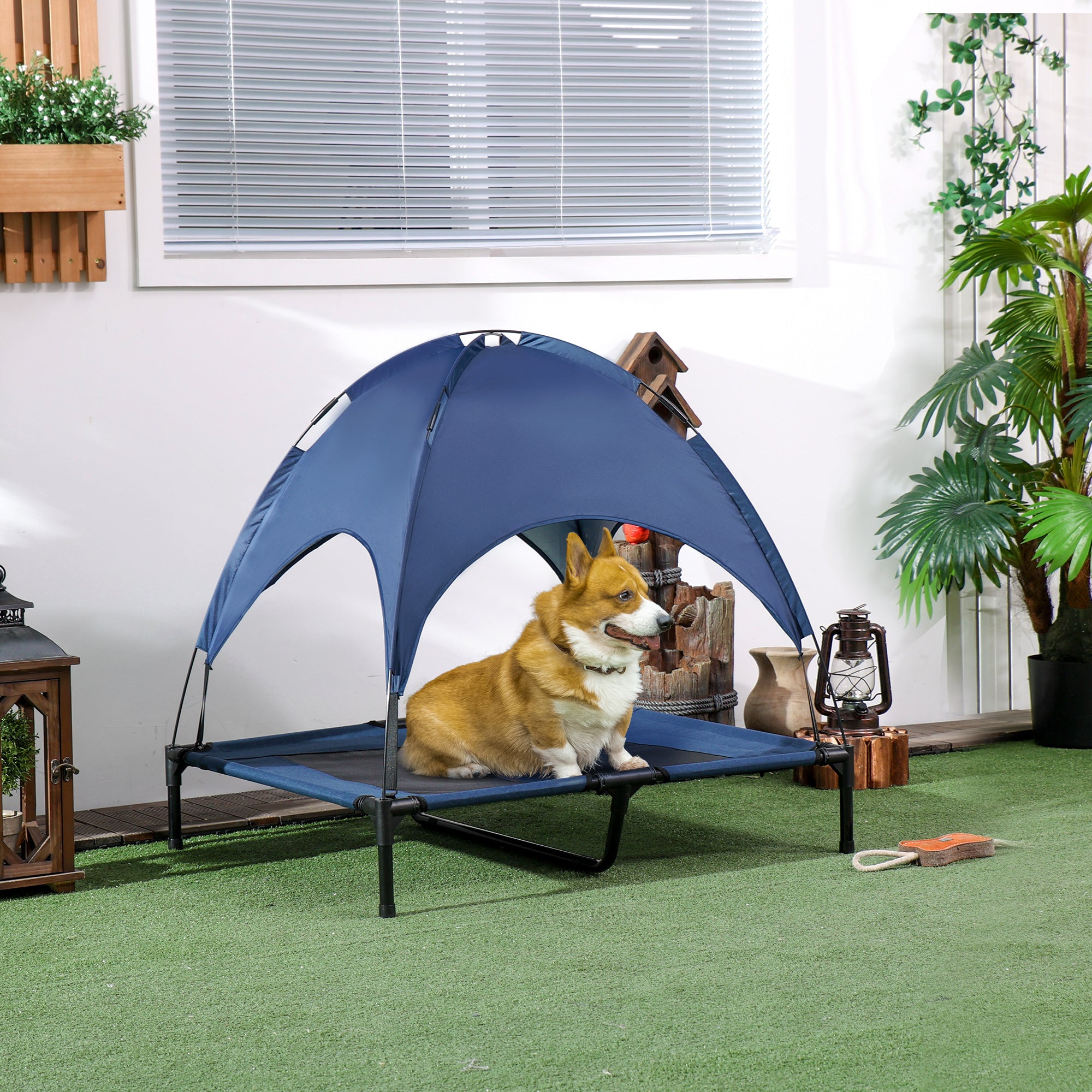 PawHut Raised Dog Bed Waterproof Elevated Pet Cot with Breathable Mesh UV Protection Canopy Blue, for Large Dogs, 92 x 76 x 90cm